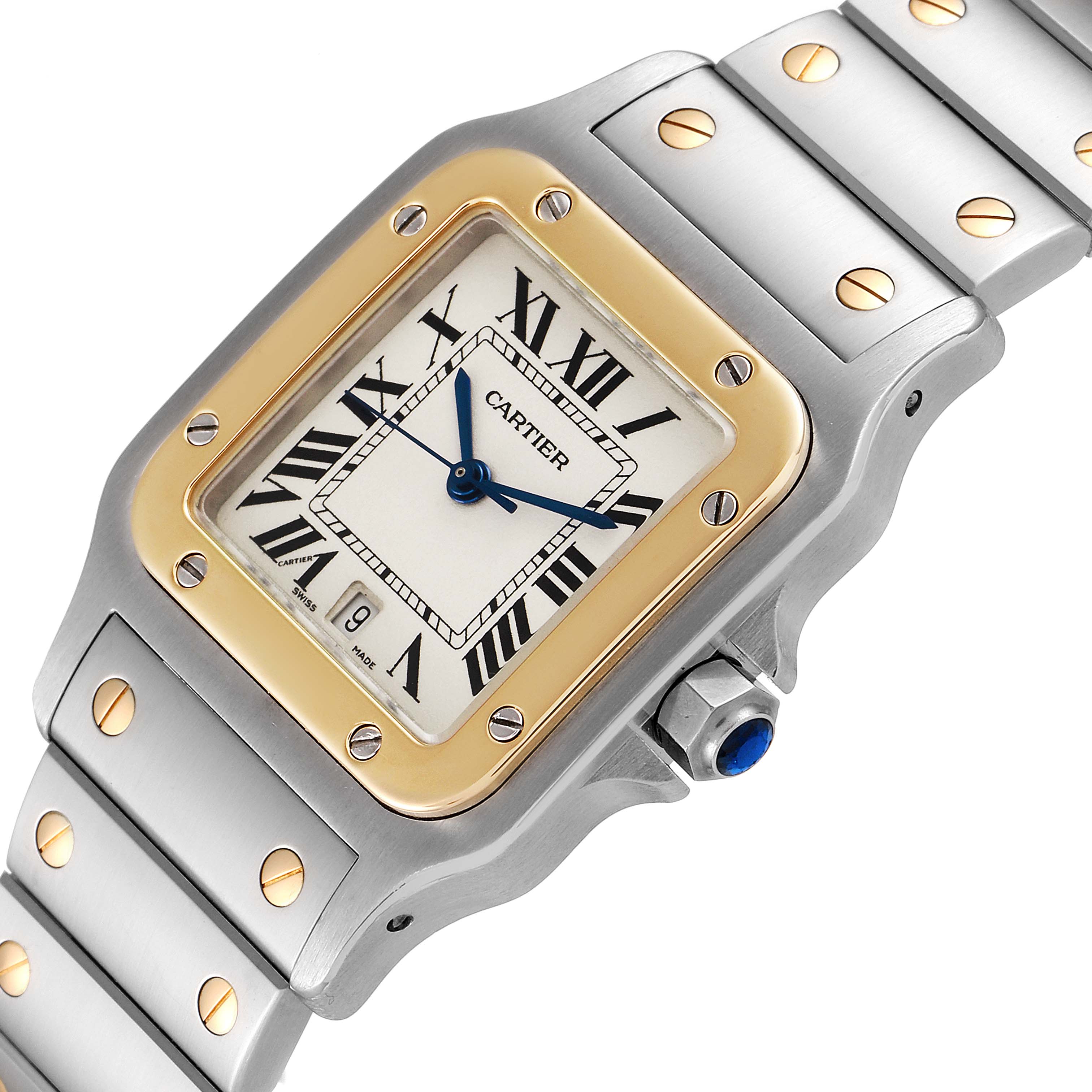 This is a close-up view of a Cartier Santos W20011C4 Men
s Steel and Gold (two tone) Silver Dial W20011C4 Men
s Steel and Gold (two tone) Silver Dial watch, showcasing its face, bezel, crown, and partial band.