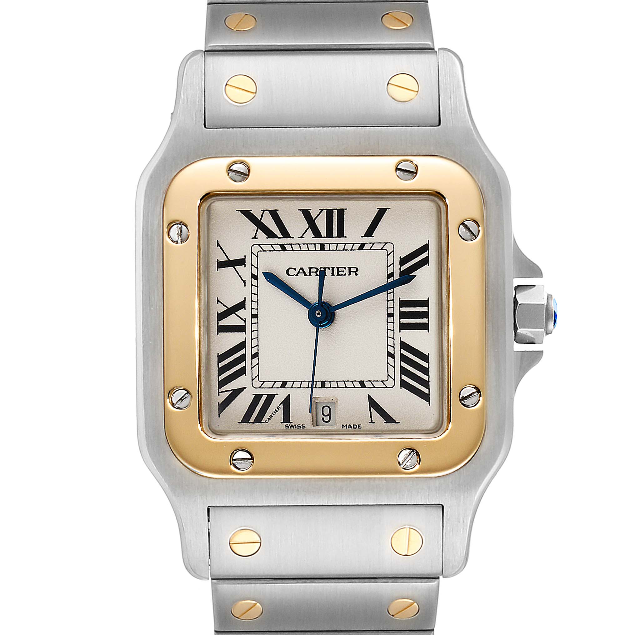 The image shows a front view of the Cartier Santos W20011C4 Men
s Steel and Gold (two tone) Silver Dial W20011C4 Men
s Steel and Gold (two tone) Silver Dial watch, highlighting the face, bezel, and part of the bracelet.