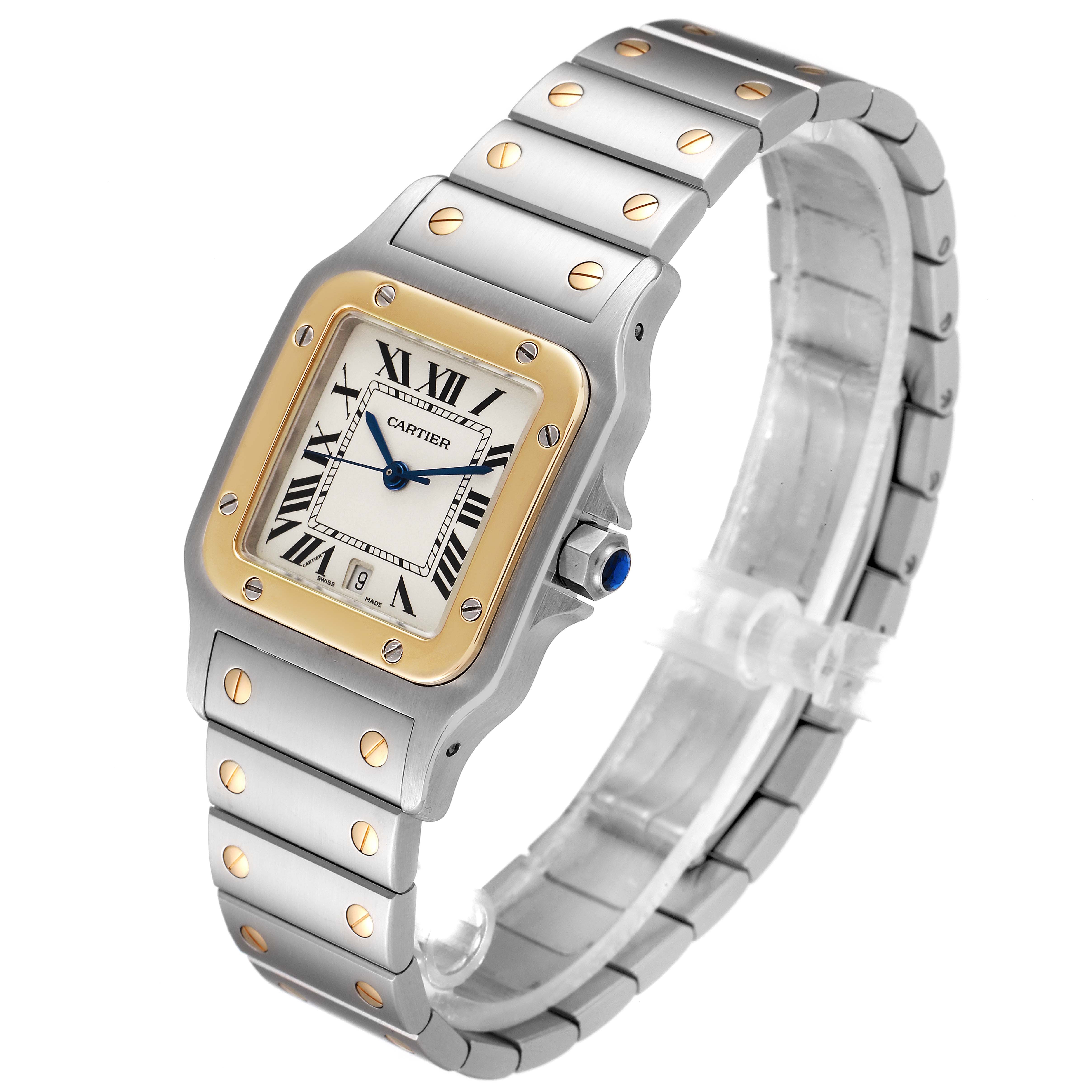 The Cartier Santos W20011C4 Men
s Steel and Gold (two tone) Silver Dial W20011C4 Men
s Steel and Gold (two tone) Silver Dial watch is shown at a three-quarter angle, displaying its face, bezel, crown, and metal bracelet.