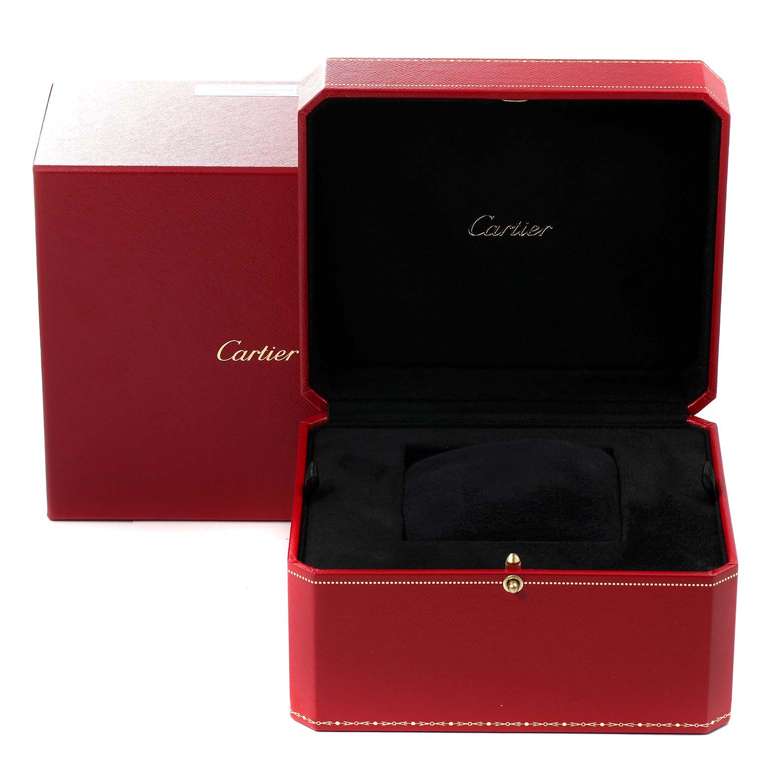 The image shows an open red Cartier box, likely for the Santos model watch, revealing the black interior and cushion.