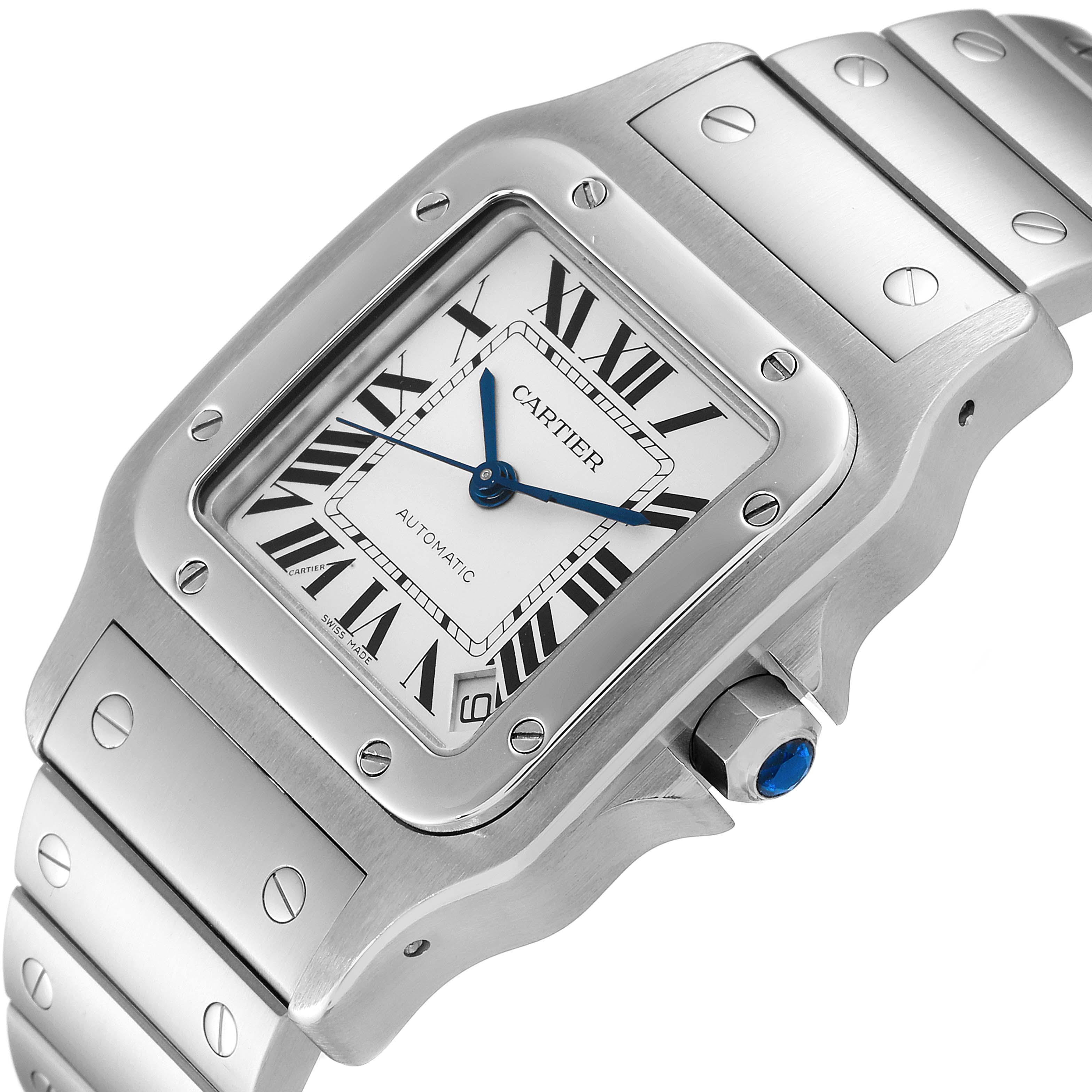The image shows a close-up angled view of a Cartier Santos W20098D6 Men's Stainless Steel Silver Dial W20098D6 Men's Stainless Steel Silver Dial watch, highlighting the dial, bezel, crown, and bracelet.