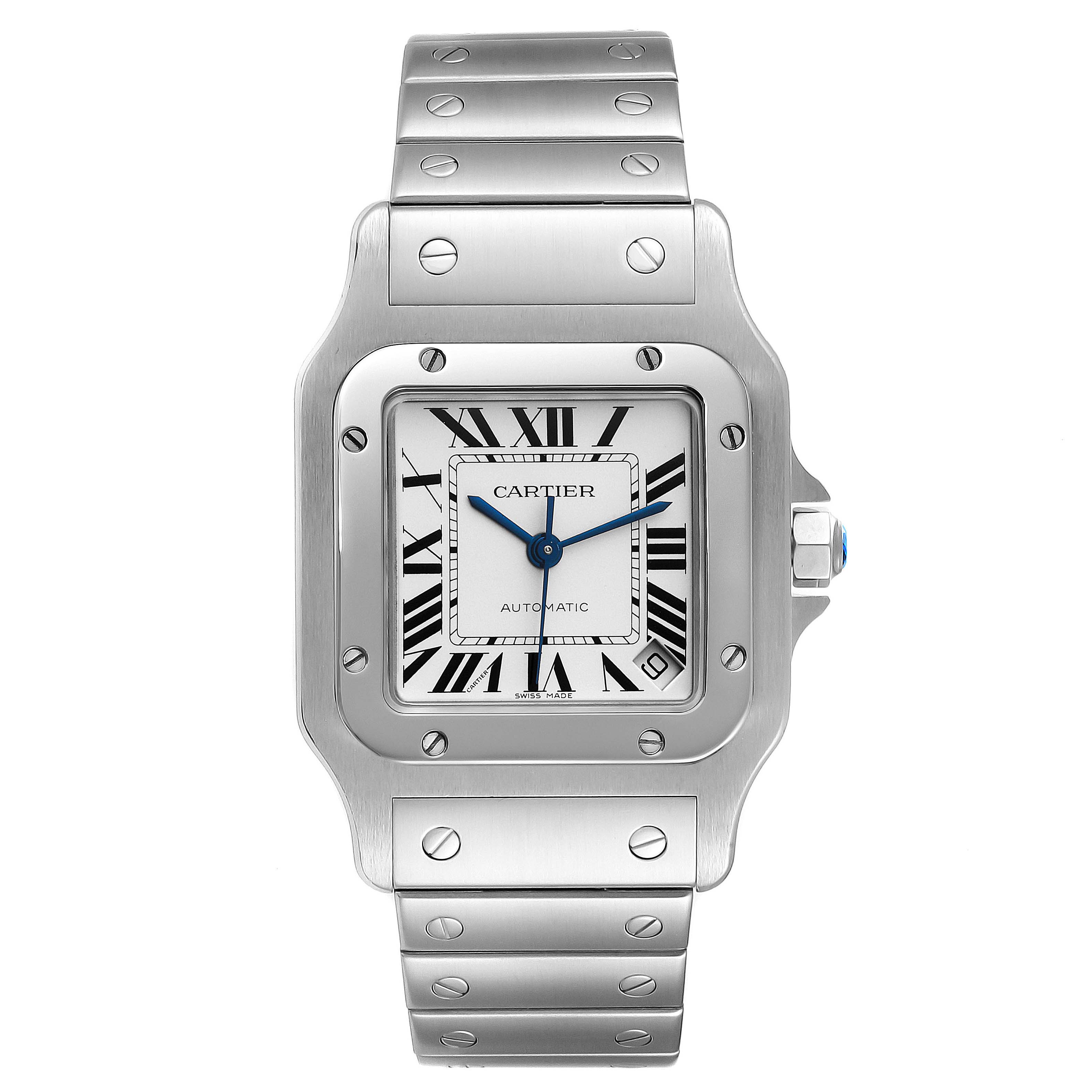 The image shows a front view of a Cartier Santos W20098D6 Men's Stainless Steel Silver Dial W20098D6 Men's Stainless Steel Silver Dial watch, highlighting the dial, bezel, and metal bracelet.