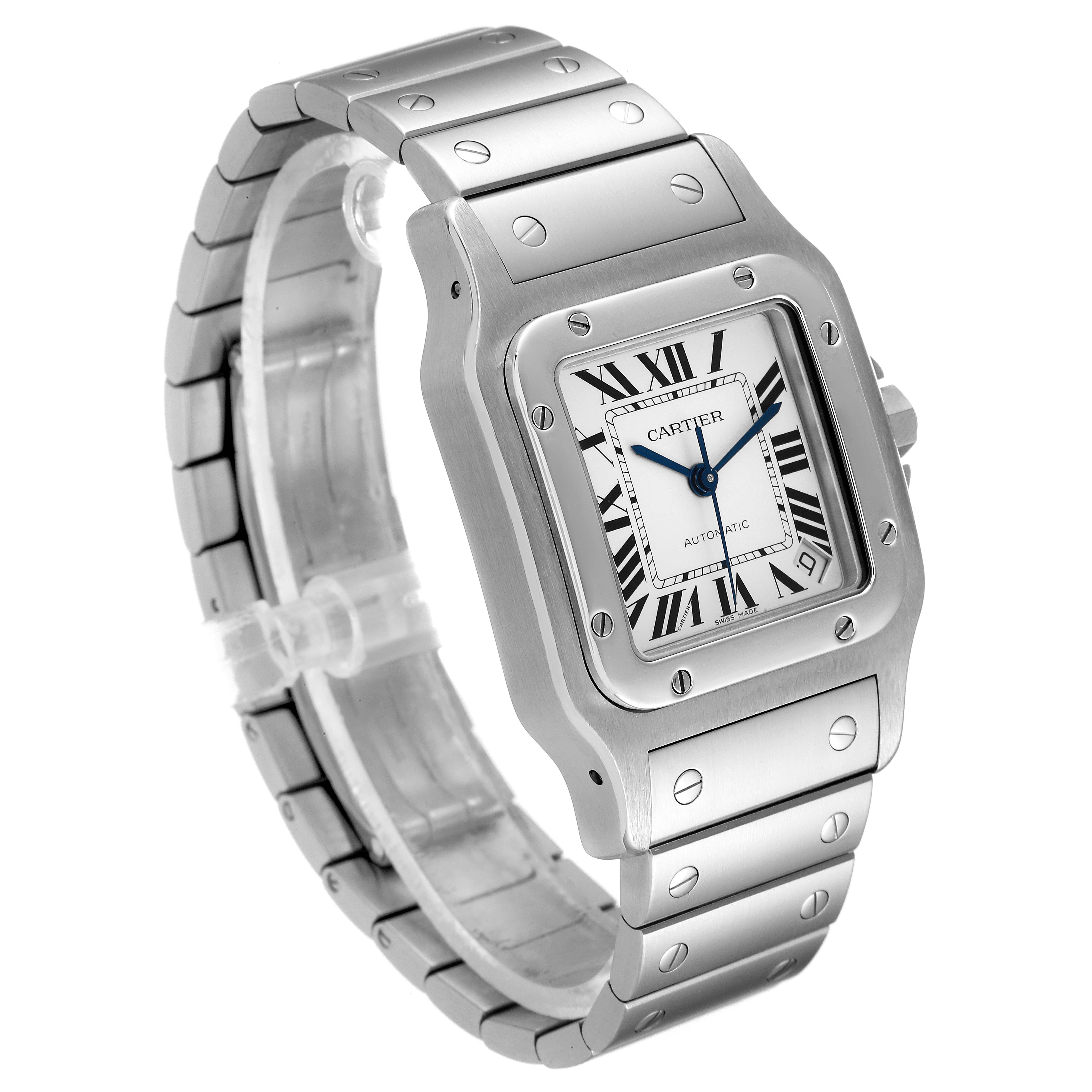The image shows the front and side views of a Cartier Santos W20098D6 Men's Stainless Steel Silver Dial W20098D6 Men's Stainless Steel Silver Dial watch, highlighting its face, bezel, and bracelet.