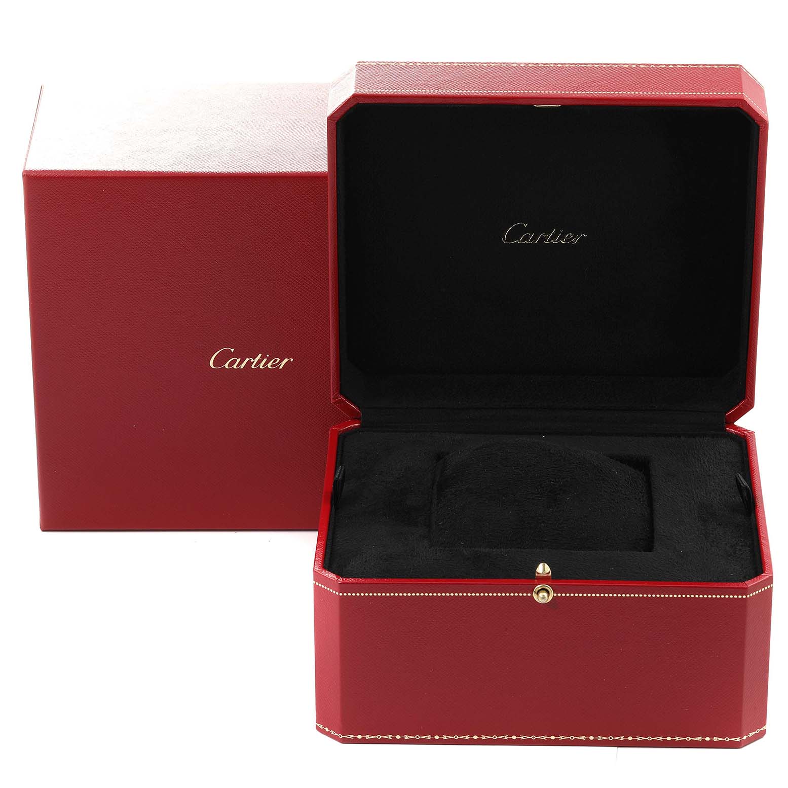 This image shows an open watch box with "Cartier" branding, specifically for the Santos model.