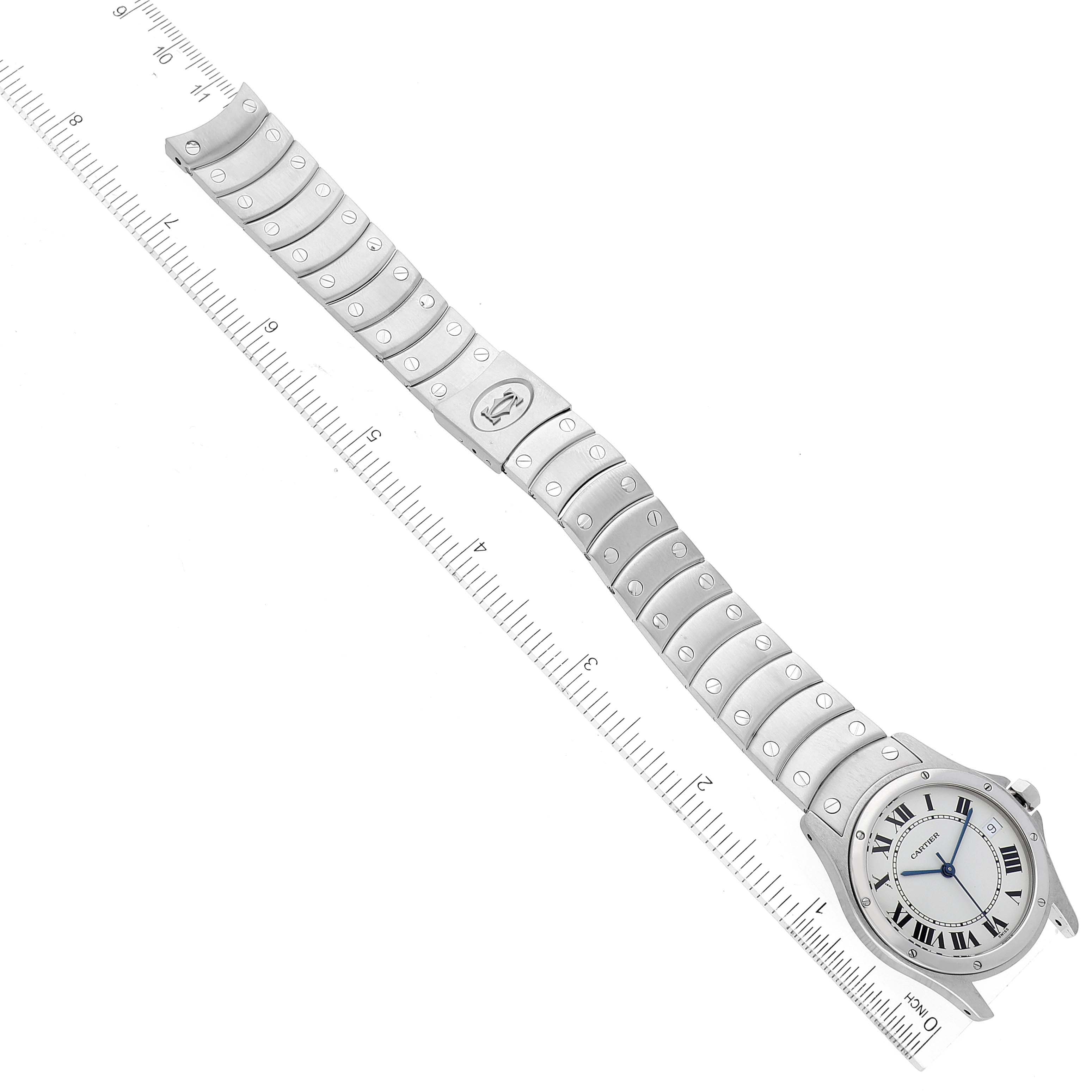 The image shows a Santos model by Cartier from an overhead angle, highlighting the watch face and full metal bracelet.