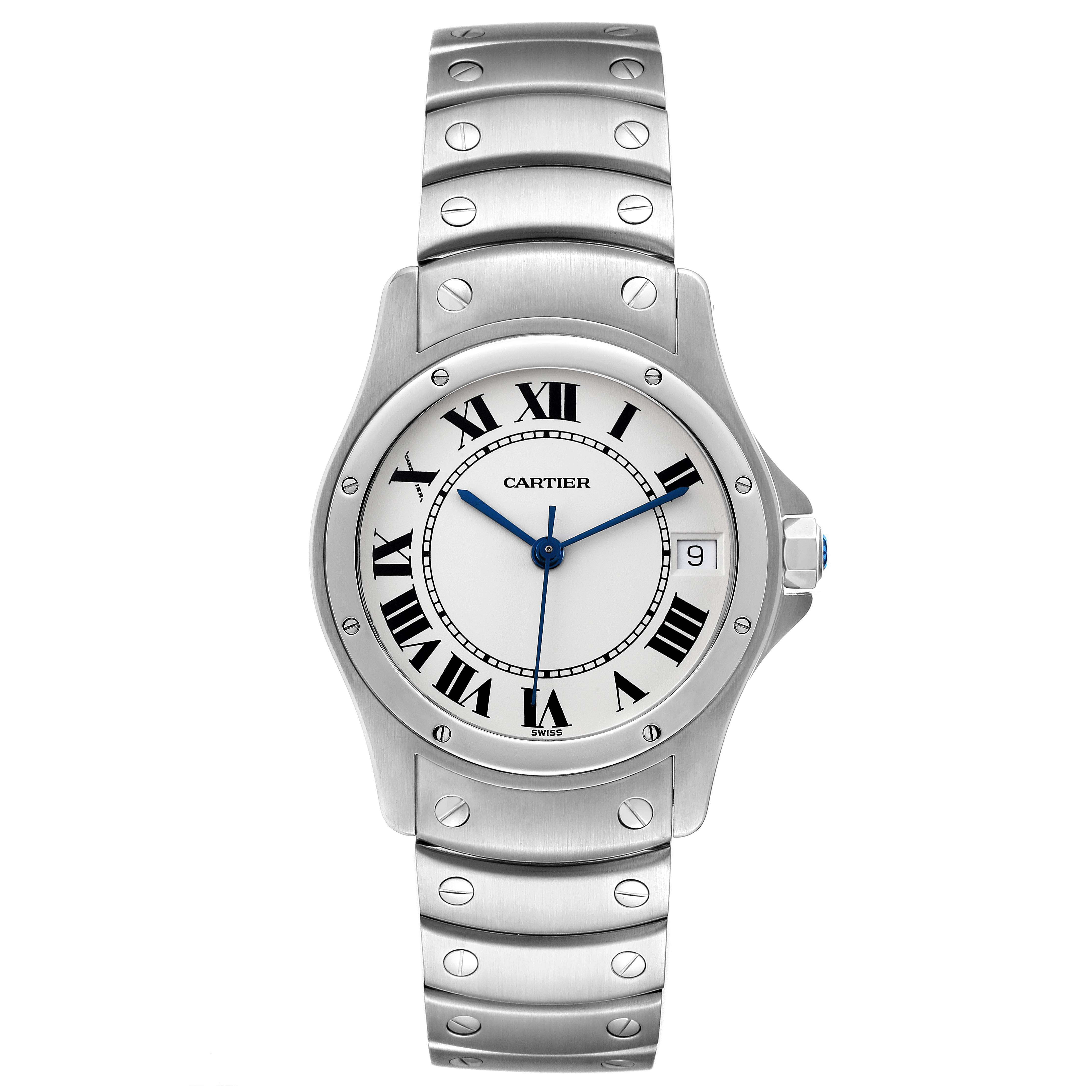 This image shows a front view of the Cartier Santos W20026K1 Women's Stainless Steel White Dial W20026K1 Women's Stainless Steel White Dial watch, including the face, bezel, and bracelet.