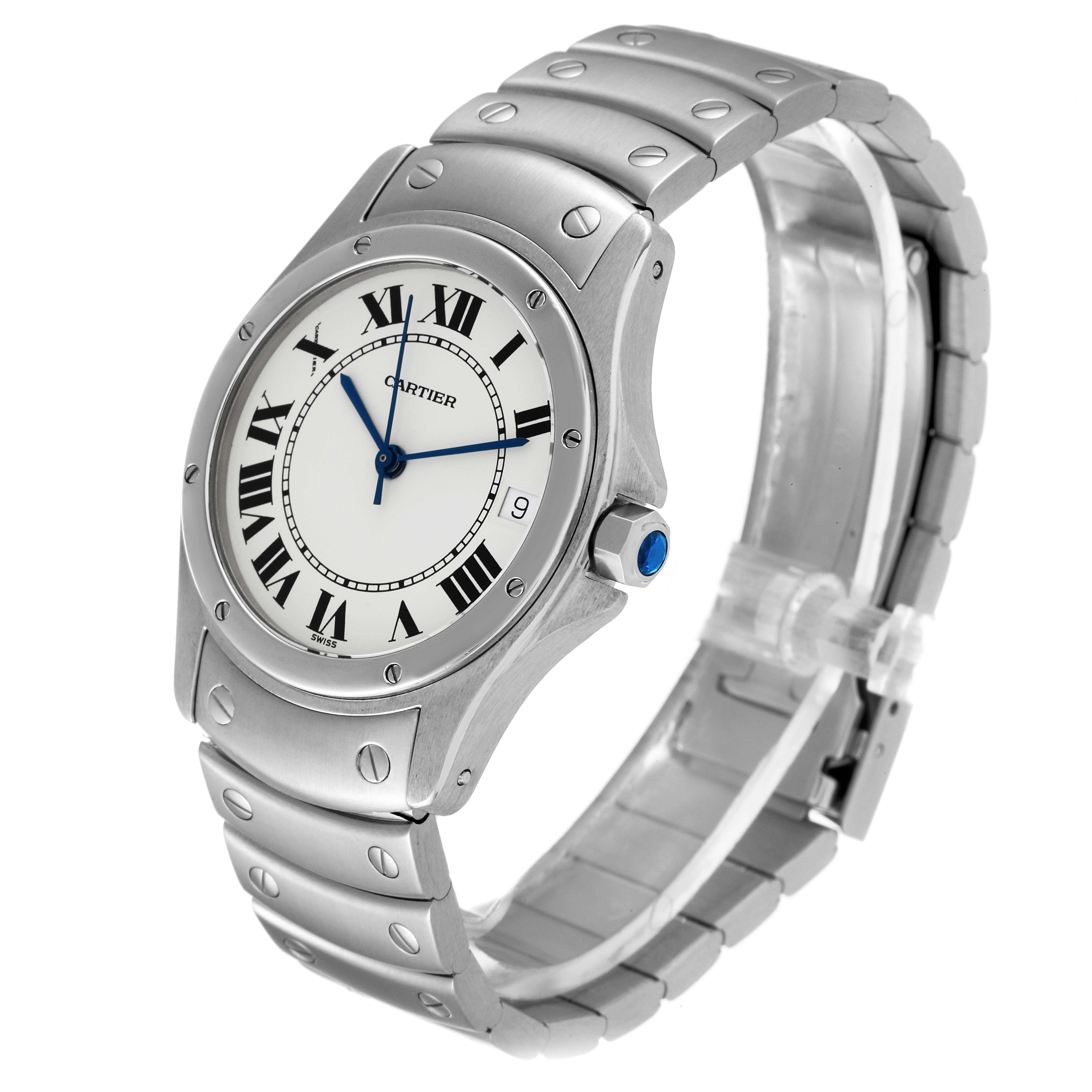 The image shows a Cartier Santos W20026K1 Women's Stainless Steel White Dial W20026K1 Women's Stainless Steel White Dial watch from an angled side view, highlighting its dial, bezel, crown, and bracelet.