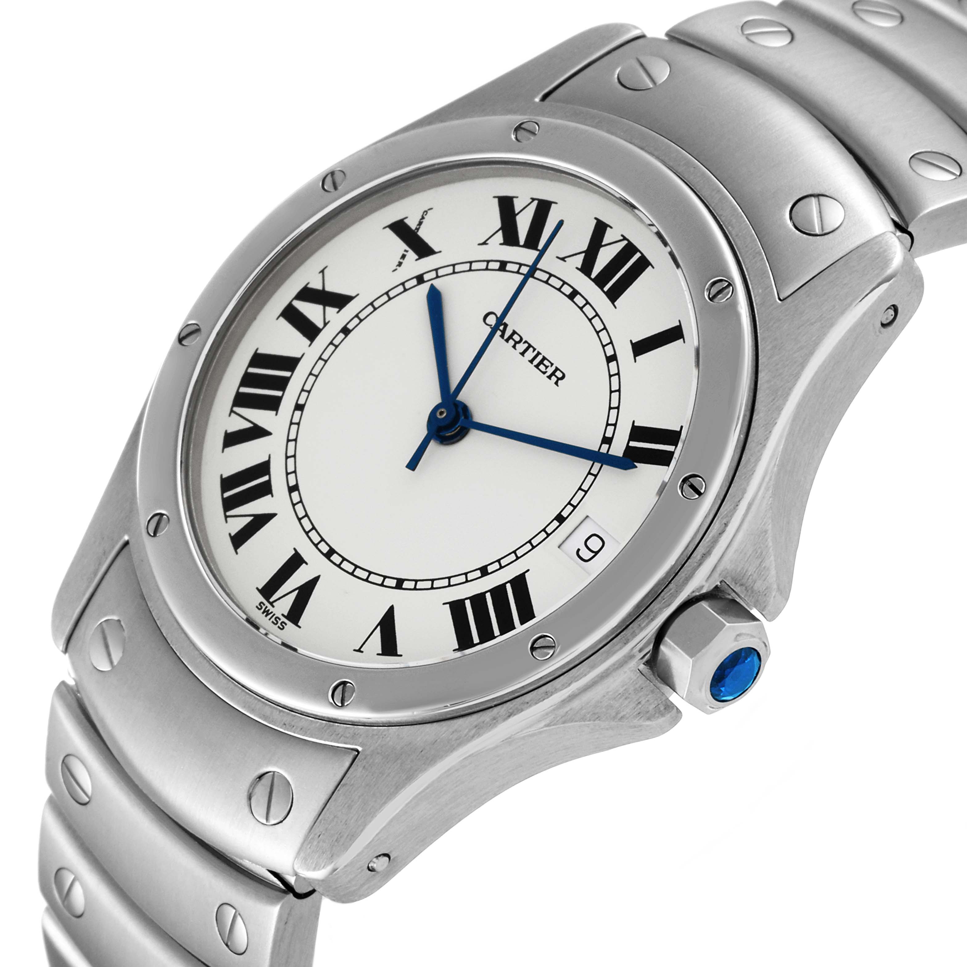 The image shows a close-up of the Cartier Santos W20026K1 Women's Stainless Steel White Dial W20026K1 Women's Stainless Steel White Dial watch face, bezel, and part of the metal bracelet.