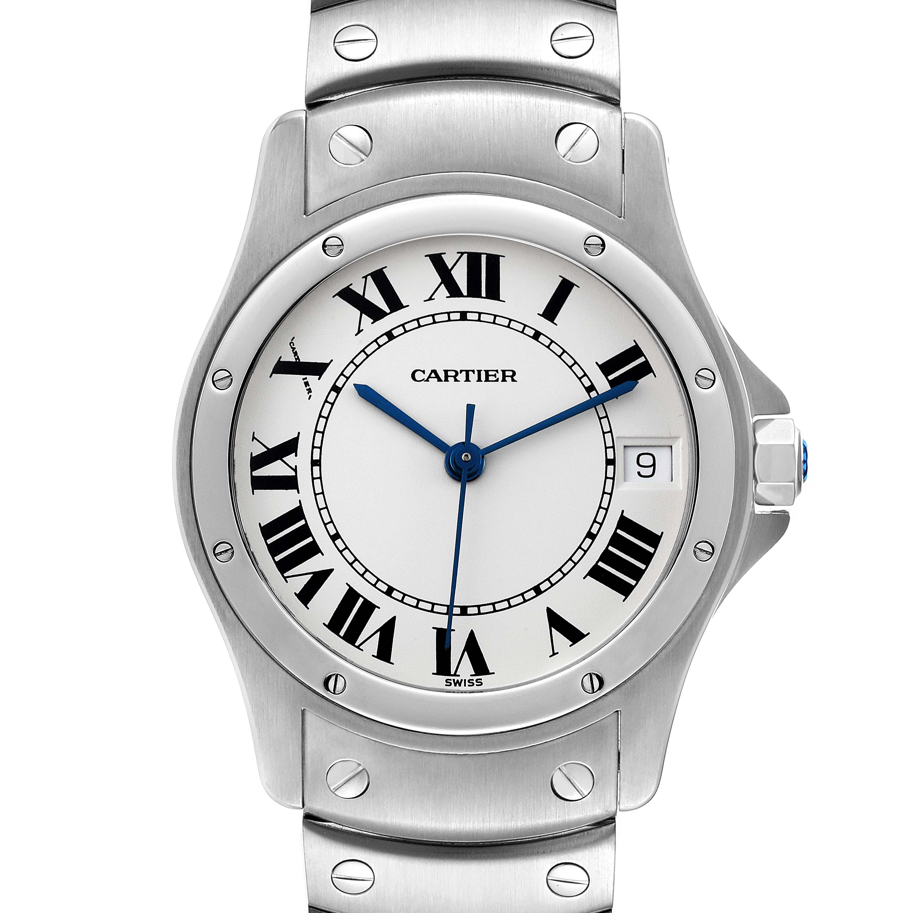 The image shows a close-up front view of a Cartier Santos W20026K1 Women's Stainless Steel White Dial W20026K1 Women's Stainless Steel White Dial watch, highlighting the face, dial, and part of the bracelet.