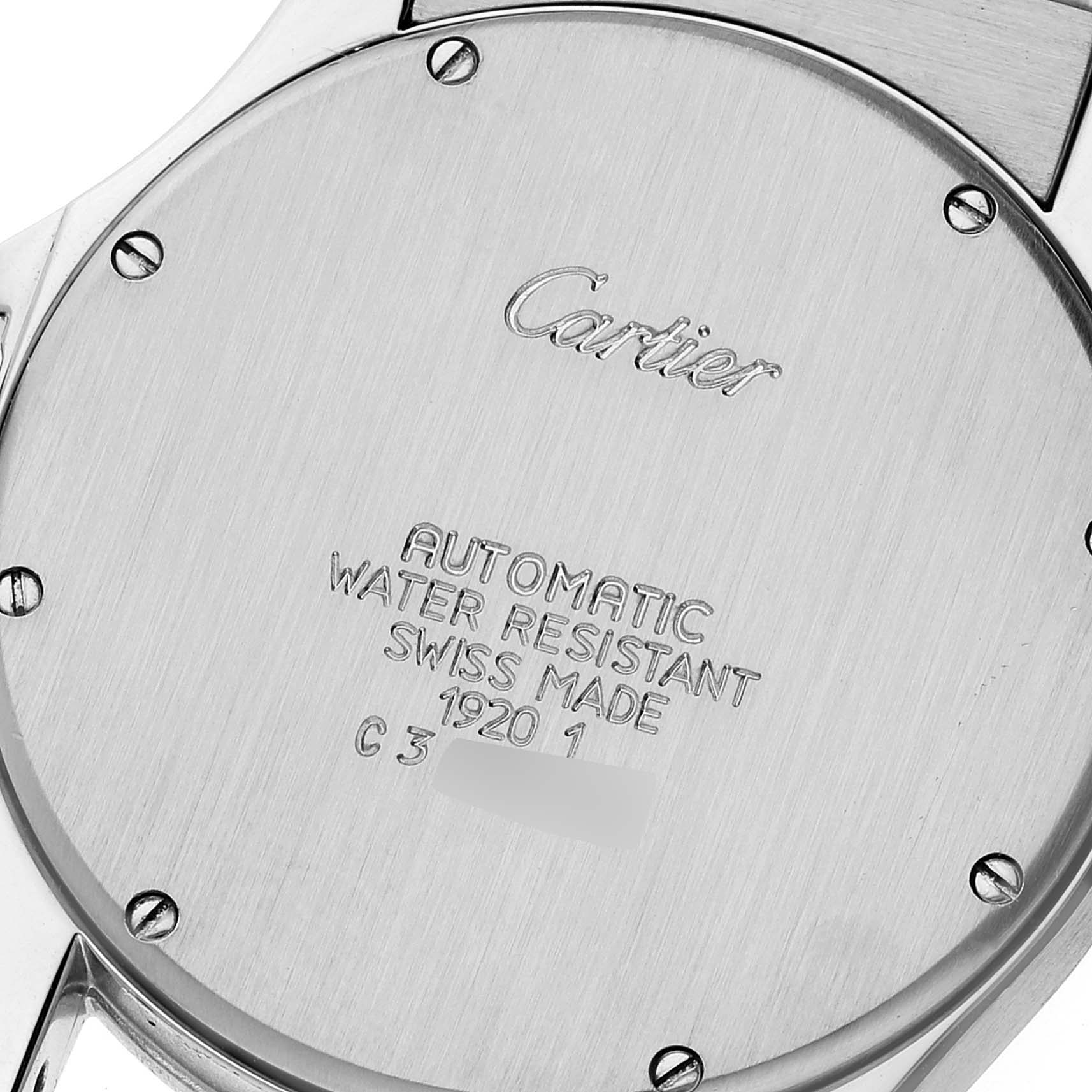 The image shows the case back of a Santos model by Cartier, highlighting its inscriptions and screws.