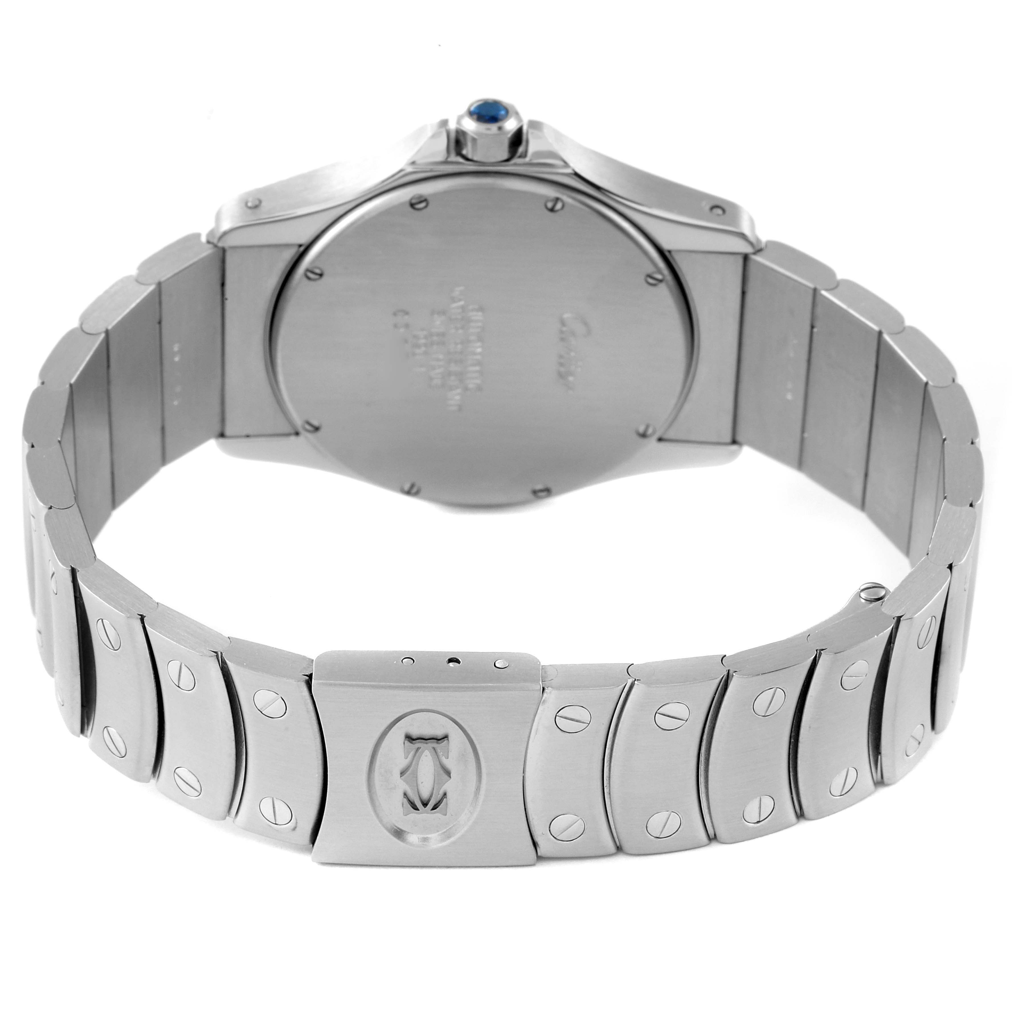 The image shows the back view of the Cartier Santos W20026K1 Women's Stainless Steel White Dial W20026K1 Women's Stainless Steel White Dial watch, highlighting the case back and bracelet.