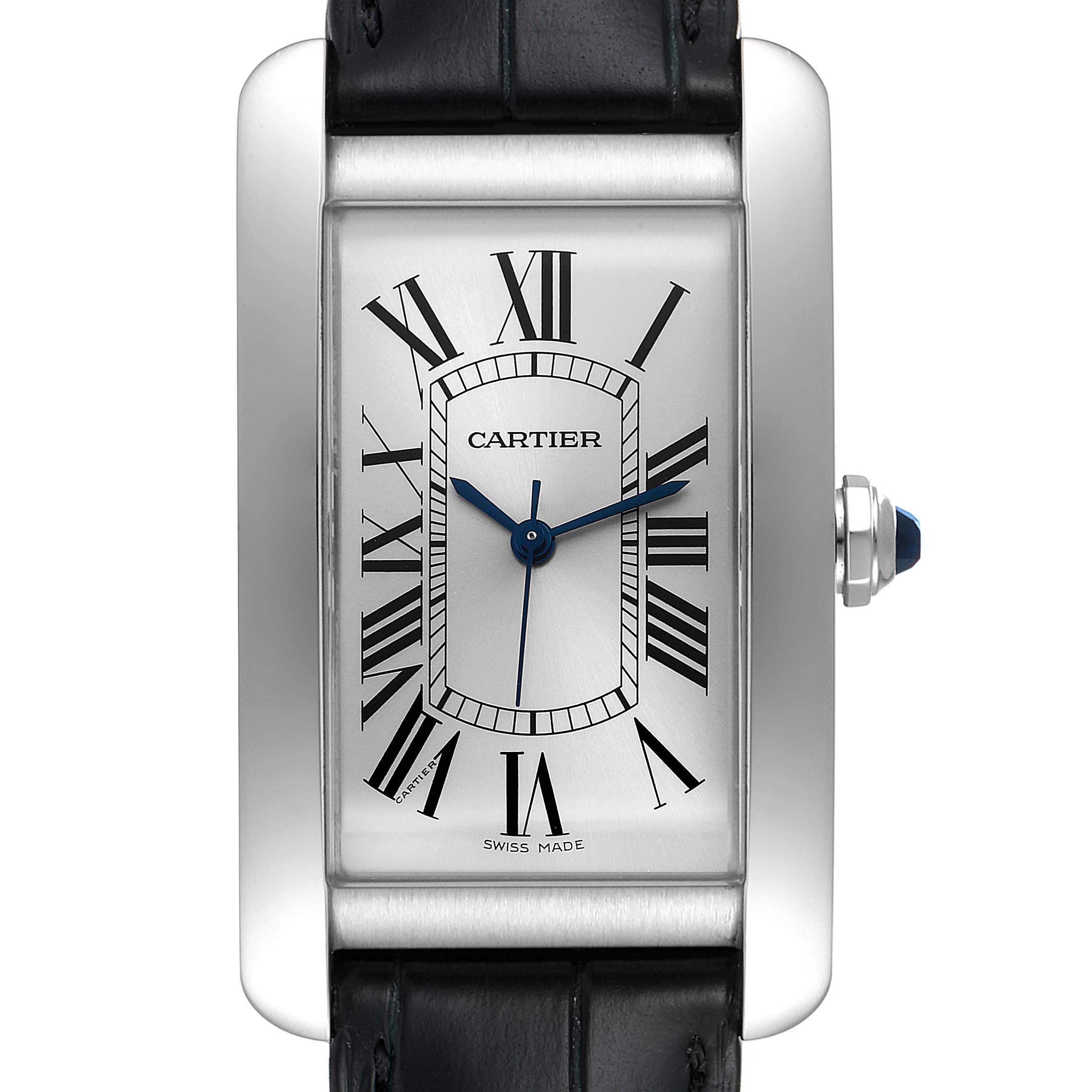 The image shows a Tank Américaine watch by Cartier from a top-down angle, highlighting the rectangular face and Roman numerals.