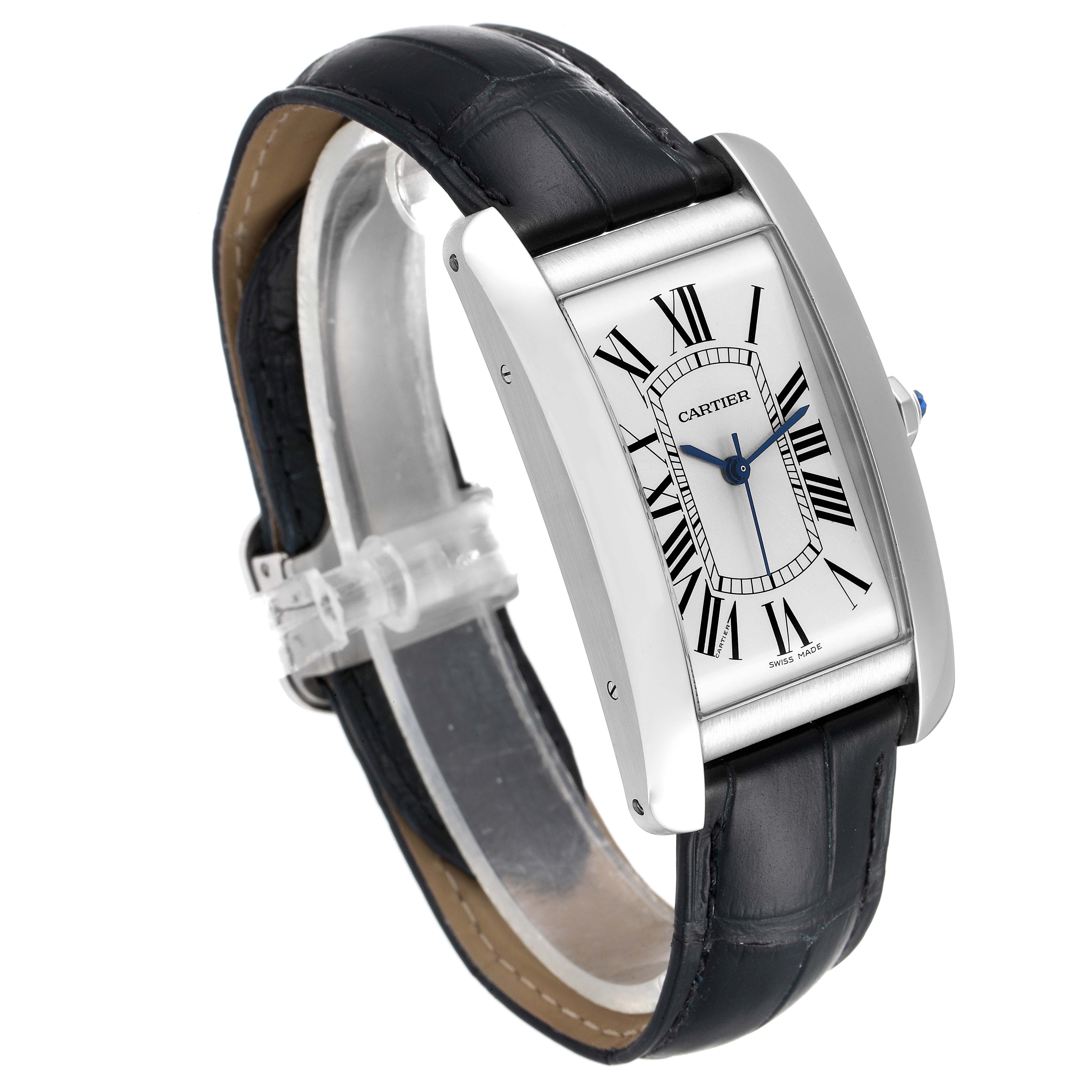 The image shows a Tank Americaine model by Cartier from a front angle, highlighting the dial, case, and leather strap.