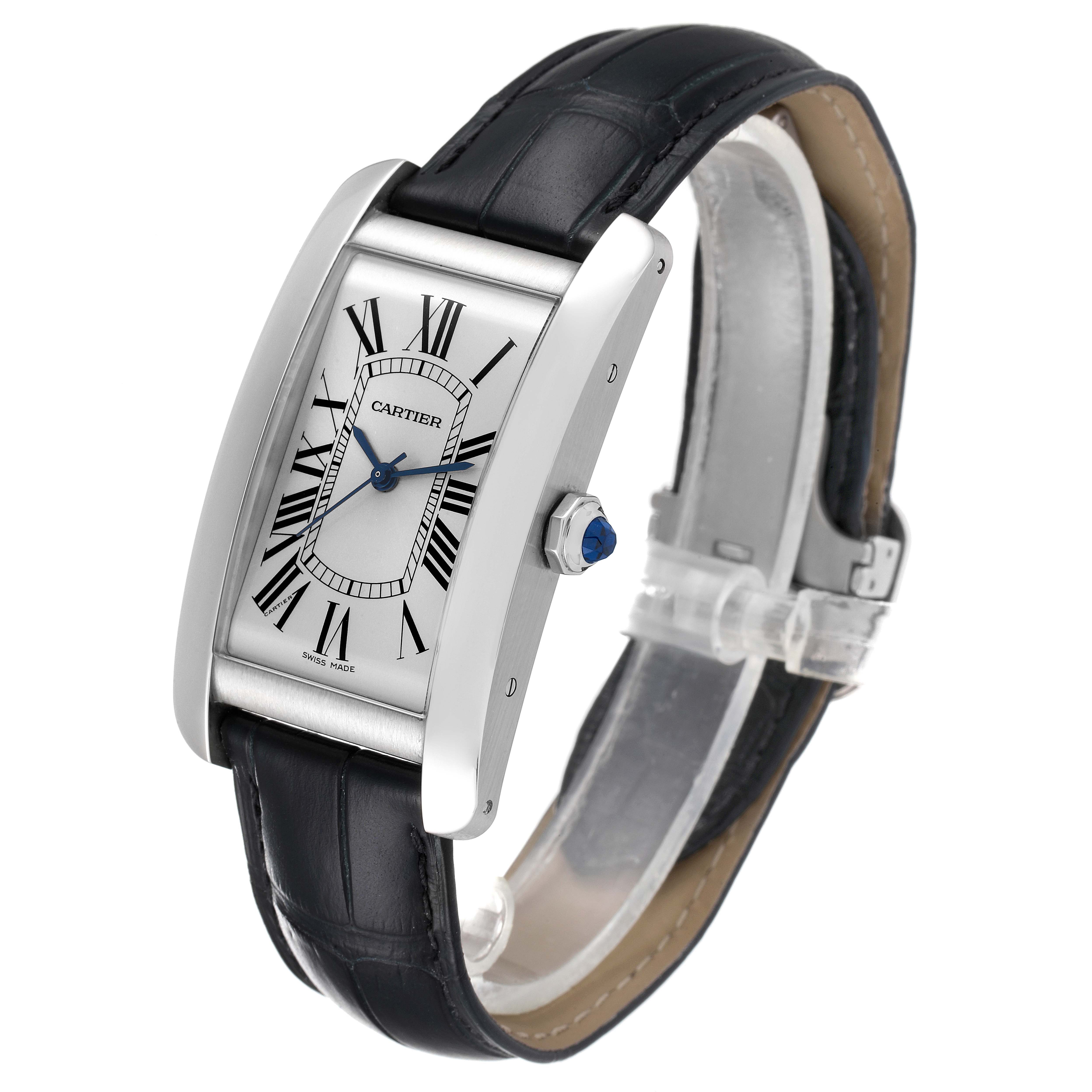 This image shows a Cartier Tank Americaine WSTA0018 Men
s Stainless Steel Silver Dial WSTA0018 Men
s Stainless Steel Silver Dial watch at a three-quarter angle, highlighting the face, crown, and leather strap.