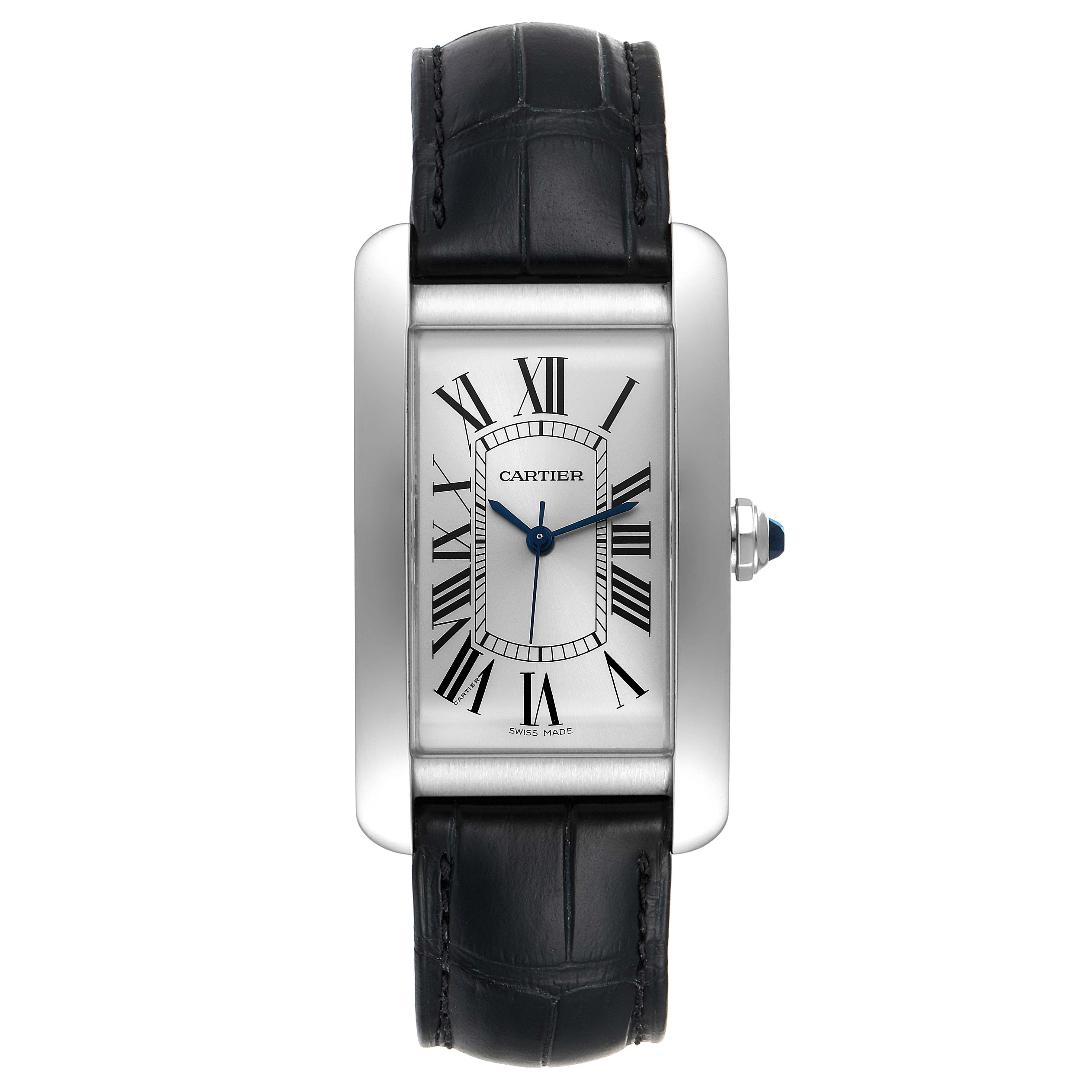 The Cartier Tank Americaine WSTA0018 Men
s Stainless Steel Silver Dial WSTA0018 Men
s Stainless Steel Silver Dial watch is shown from a front angle, highlighting its face, strap, and crown.
