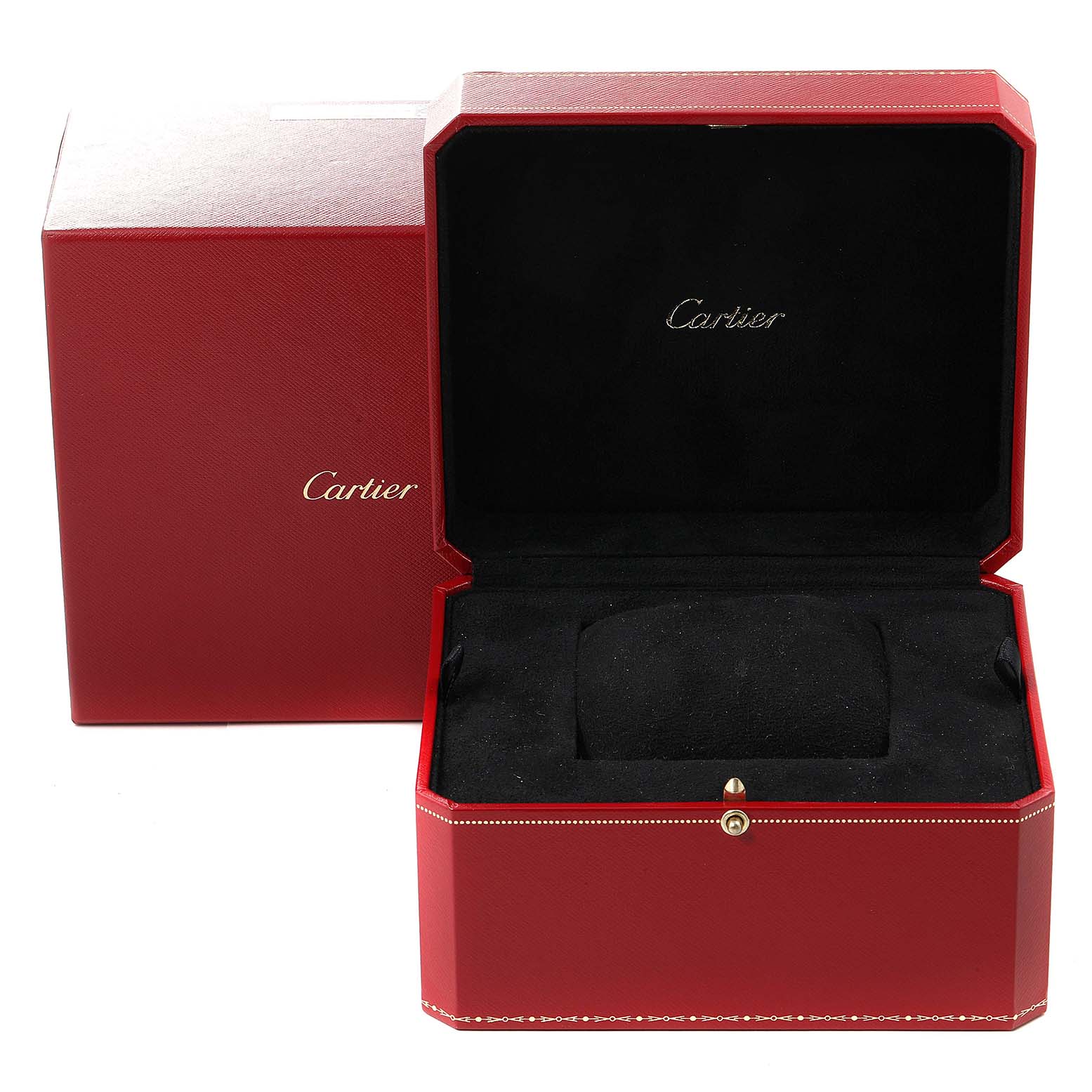 This image shows an open red Cartier watch box for the Tank Americaine model, with a black interior.