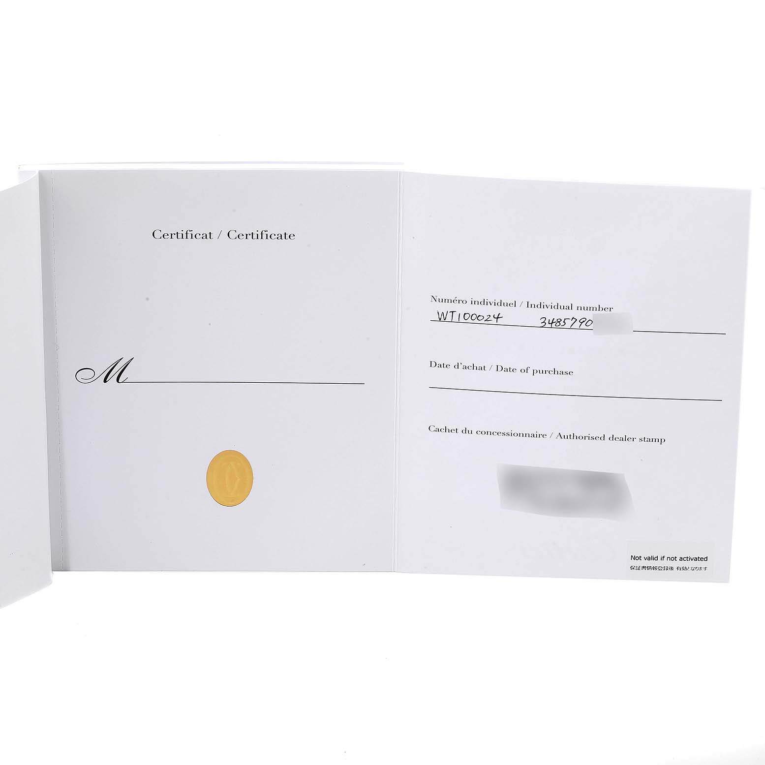 This image shows the warranty certificate for the Cartier Tank Anglaise WT100024 Women's Steel and Gold (two tone) Silver Dial WT100024 Women's Steel and Gold (two tone) Silver Dial watch, viewed fully open.