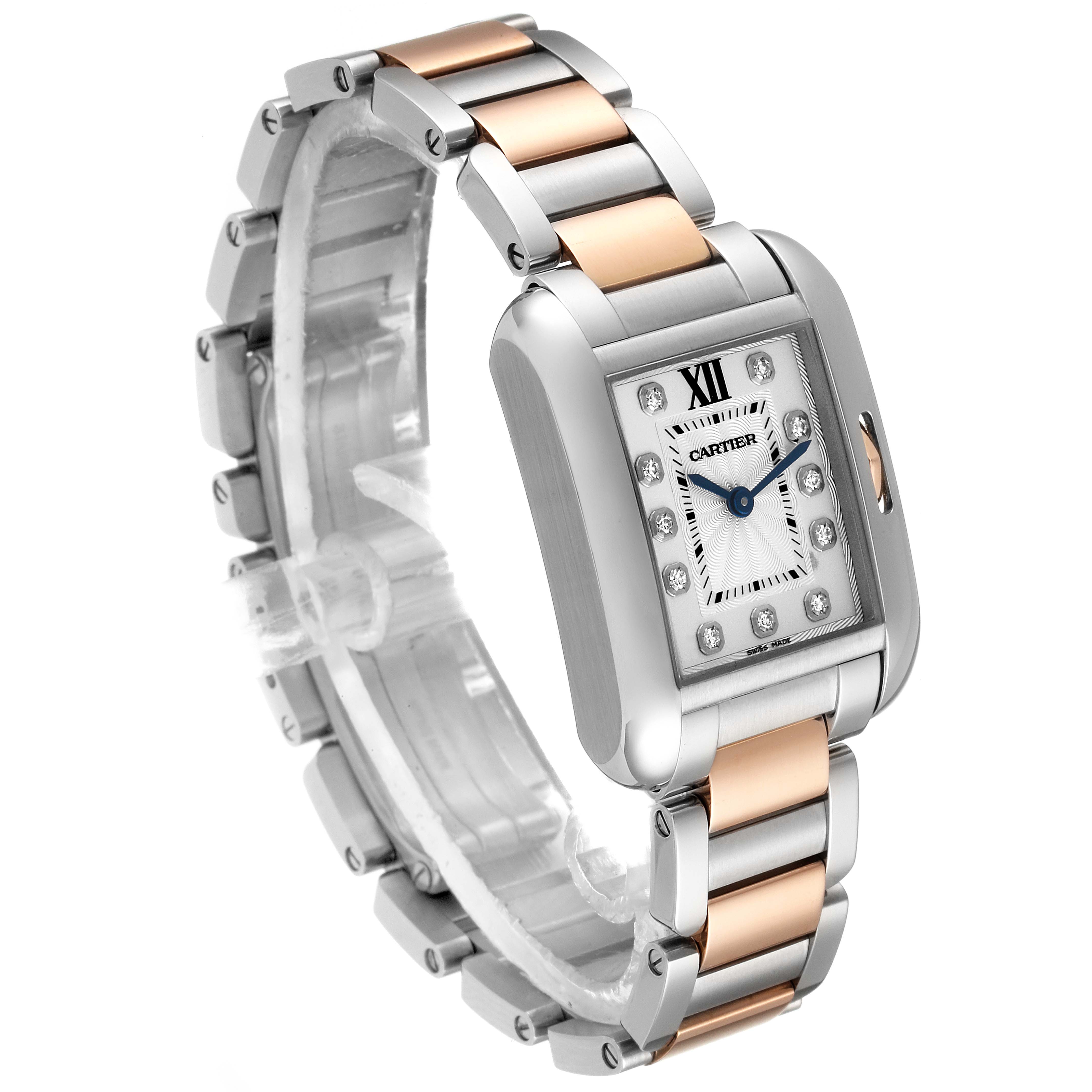 This image shows a Tank Anglaise model by Cartier at a three-quarter angle, highlighting its face and bracelet.