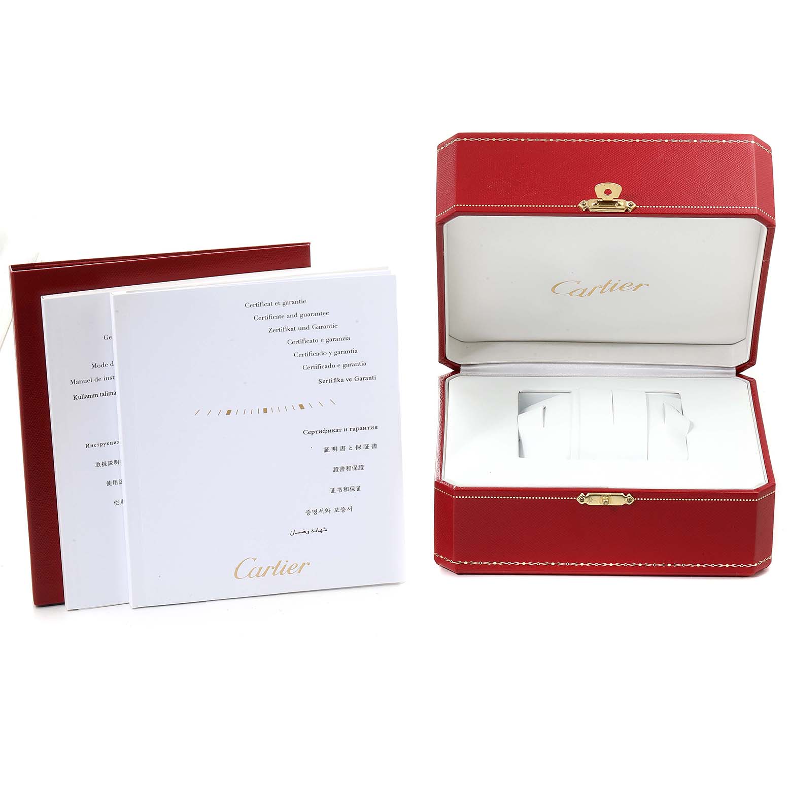 The image shows the open red Cartier box and paperwork for the Tank Anglaise model watch.
