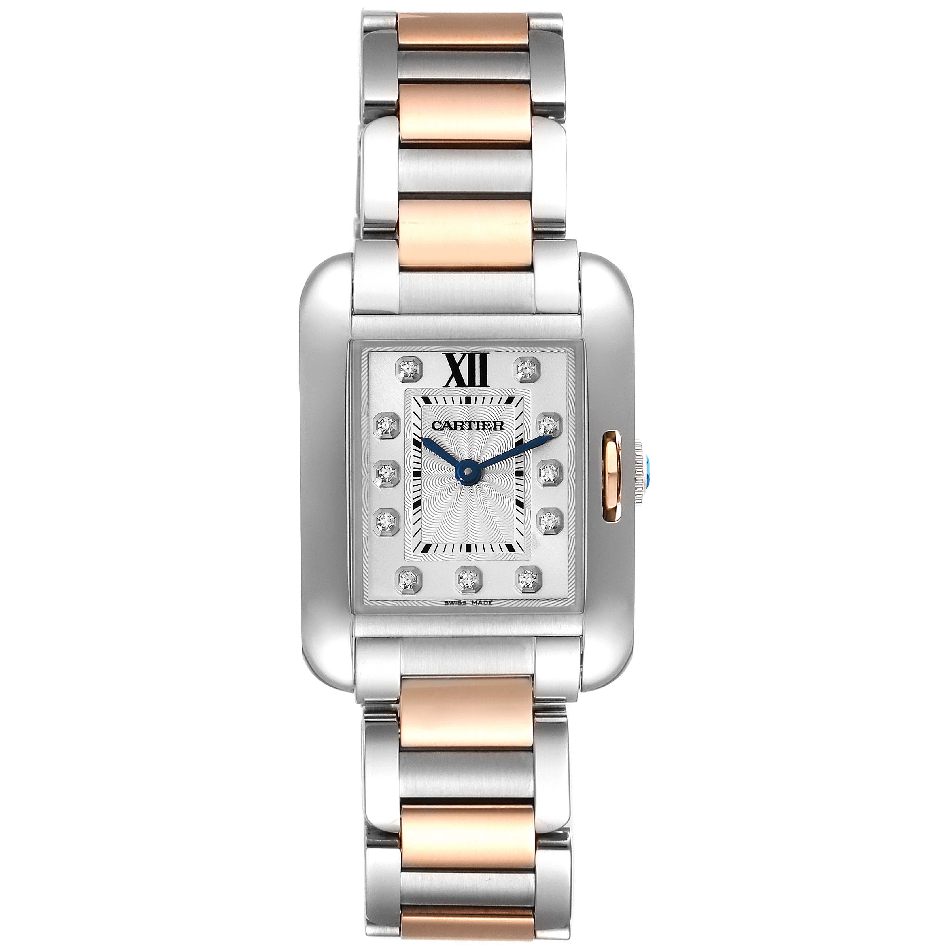 The Cartier Tank Anglaise WT100024 Women's Steel and Gold (two tone) Silver Dial WT100024 Women's Steel and Gold (two tone) Silver Dial watch is shown from a frontal view, displaying its face and bracelet.