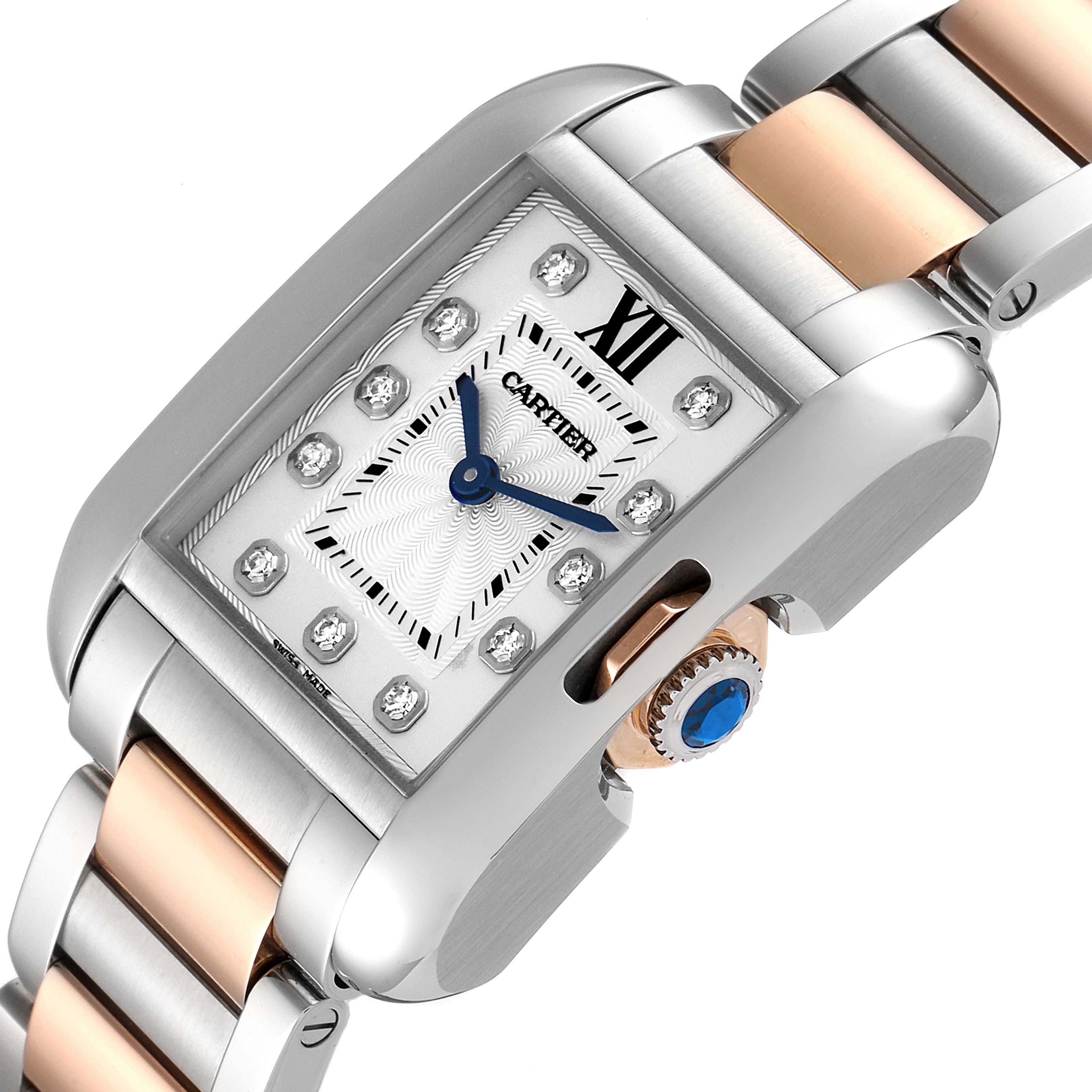 The image shows a close-up angle of the Cartier Tank Anglaise WT100024 Women's Steel and Gold (two tone) Silver Dial WT100024 Women's Steel and Gold (two tone) Silver Dial watch, highlighting the face, bezel, crown, and part of the bracelet.