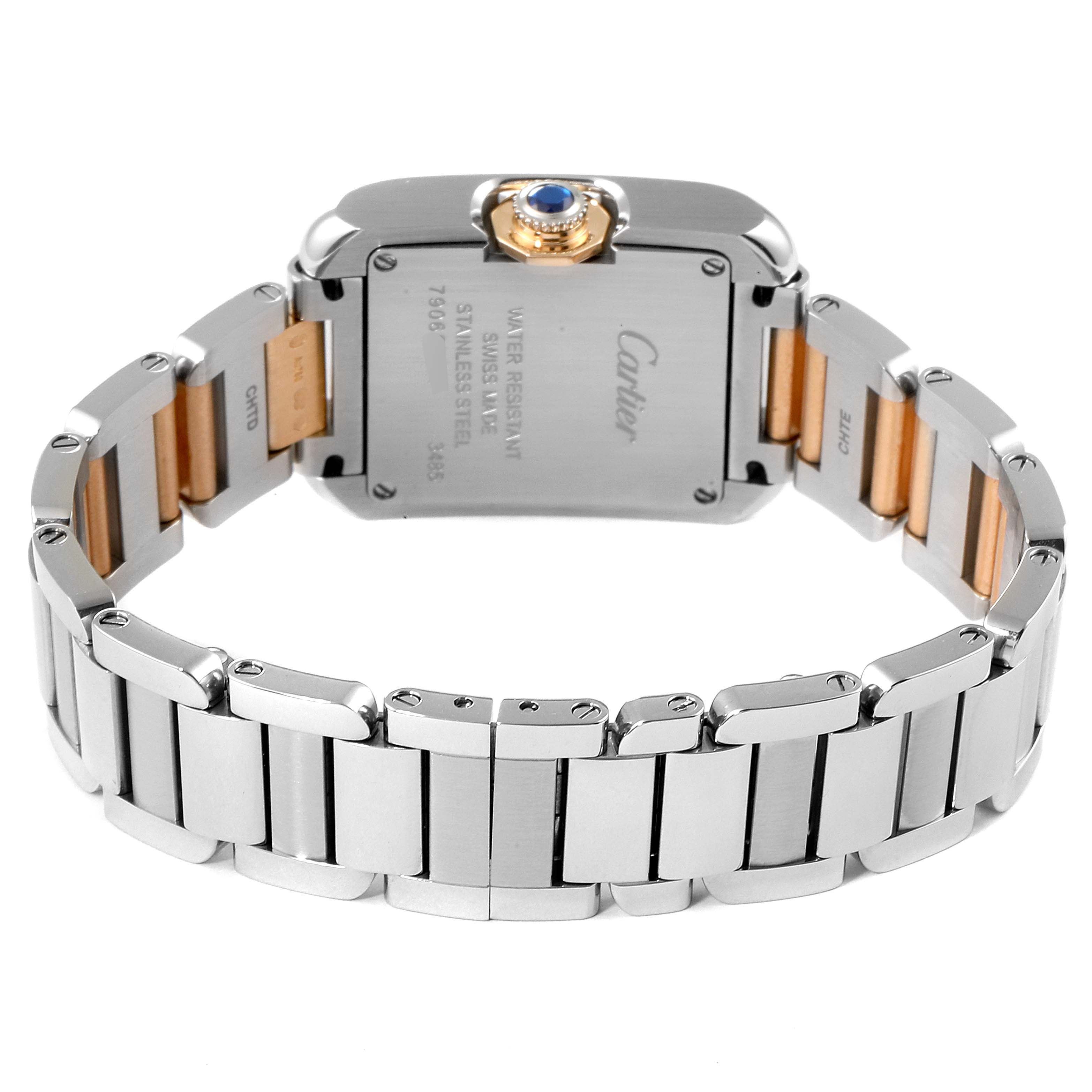 This image shows the back view of the Cartier Tank Anglaise WT100024 Women's Steel and Gold (two tone) Silver Dial WT100024 Women's Steel and Gold (two tone) Silver Dial watch, highlighting the case back and bracelet.