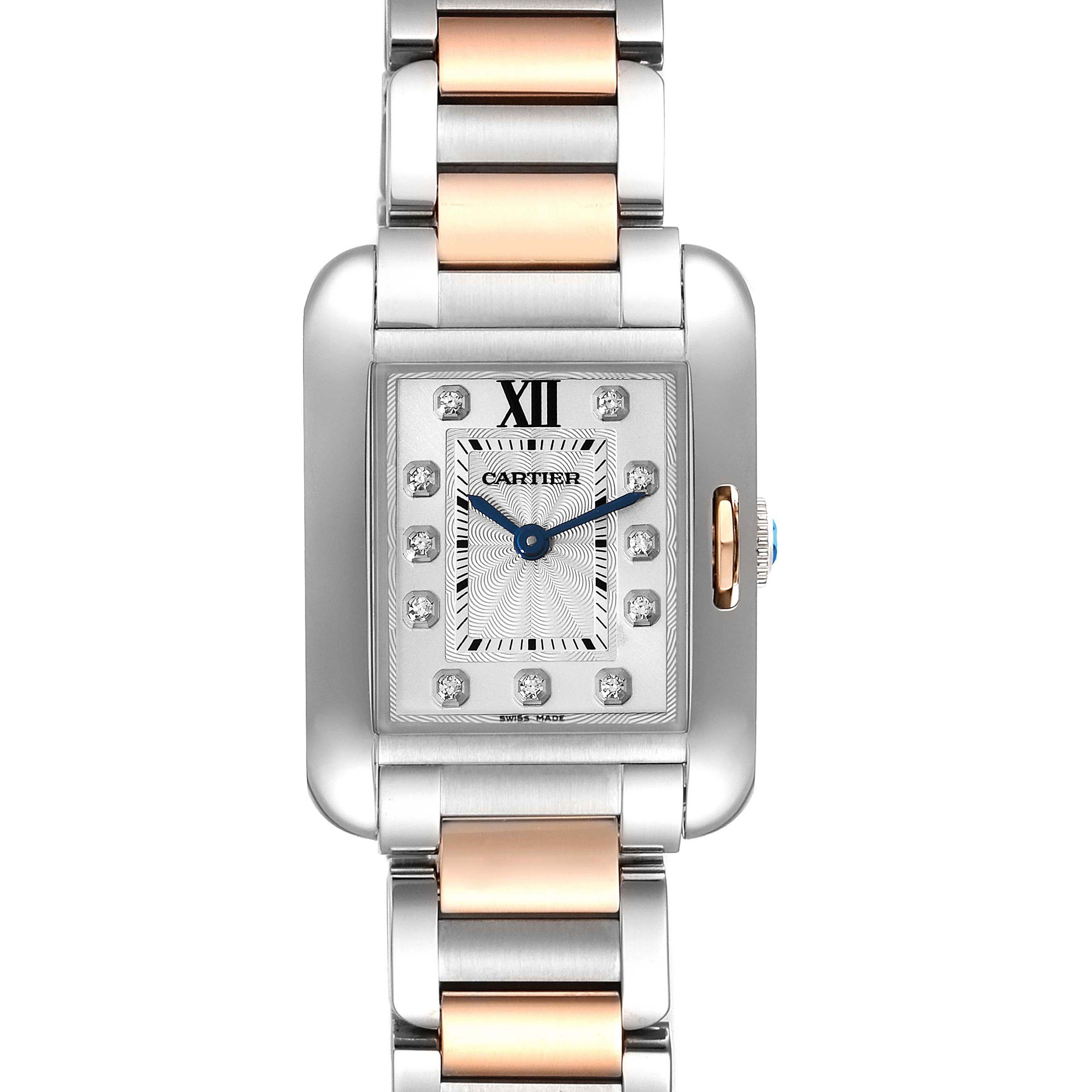 The Cartier Tank Anglaise WT100024 Women's Steel and Gold (two tone) Silver Dial WT100024 Women's Steel and Gold (two tone) Silver Dial watch is shown from the front, displaying its rectangular face and two-tone bracelet.