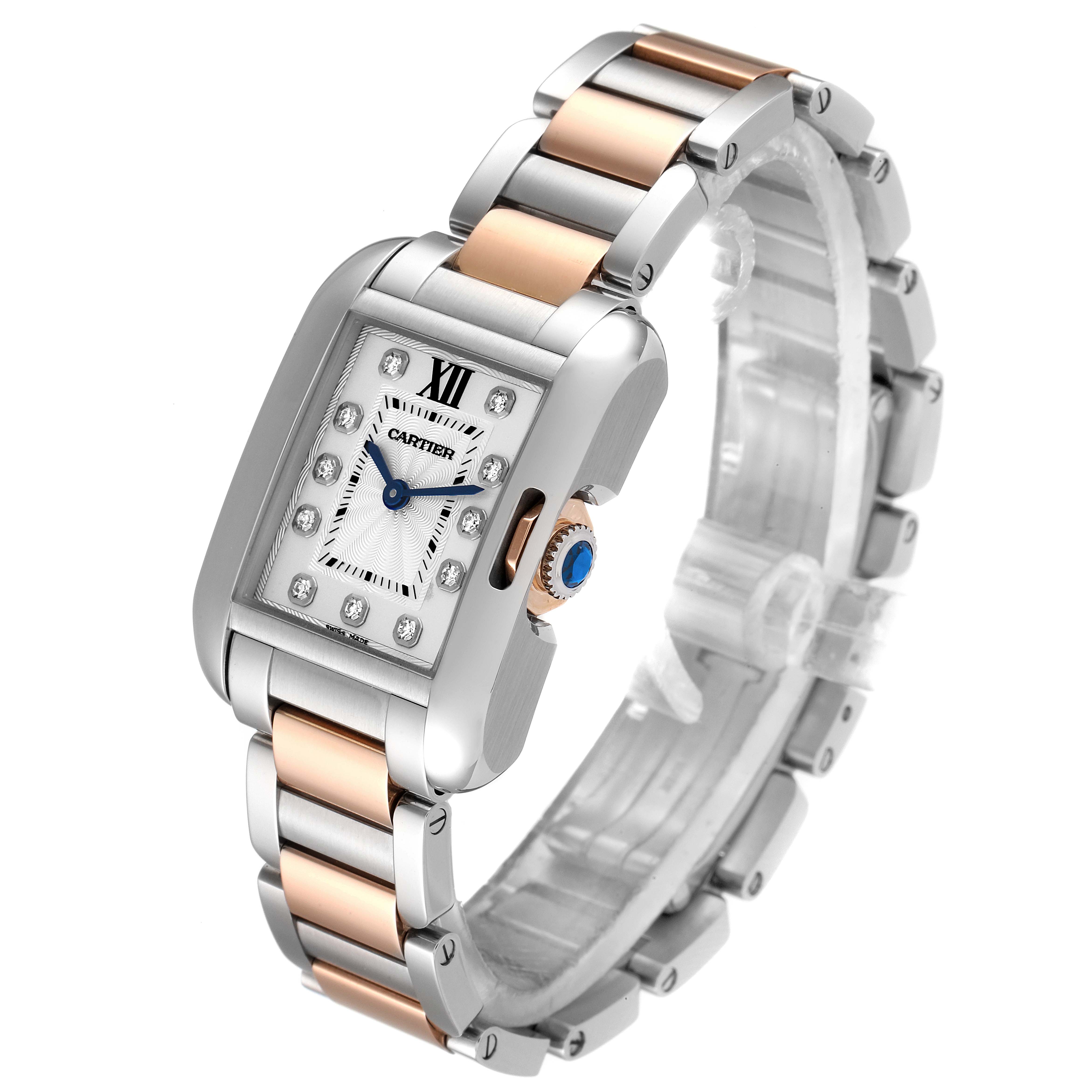 The image shows a Cartier Tank Anglaise WT100024 Women's Steel and Gold (two tone) Silver Dial WT100024 Women's Steel and Gold (two tone) Silver Dial watch at a slight angle, highlighting its face, bezel, and two-tone bracelet.
