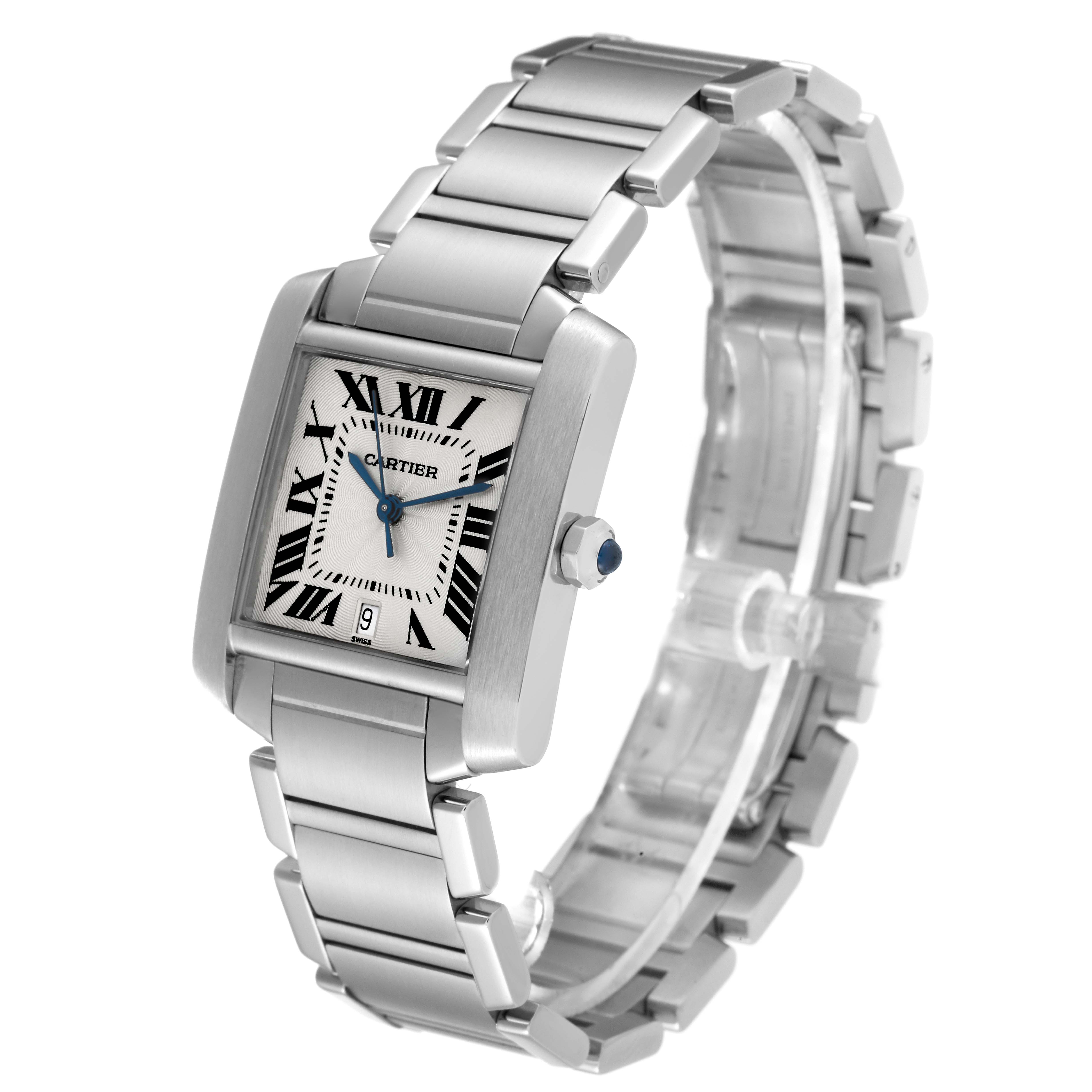 The Cartier Tank Francaise W51002Q3 Men
s Stainless Steel Silver Dial W51002Q3 Men
s Stainless Steel Silver Dial watch is shown at a three-quarter angle, displaying the face, bracelet, and crown.