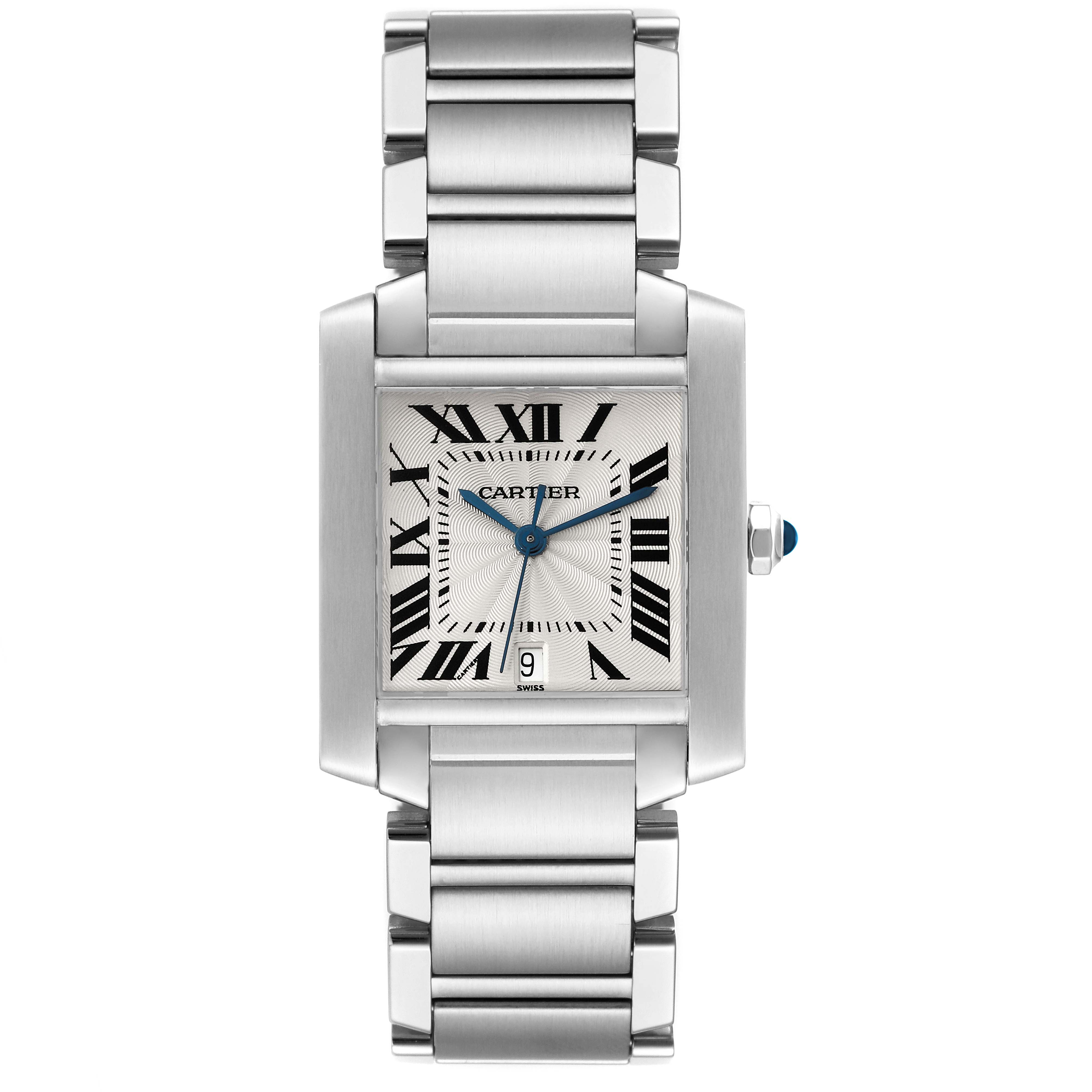 The image shows a frontal view of the Cartier Tank Francaise W51002Q3 Men
s Stainless Steel Silver Dial W51002Q3 Men
s Stainless Steel Silver Dial watch, displaying its face, Roman numerals, blue hands, and metal bracelet.