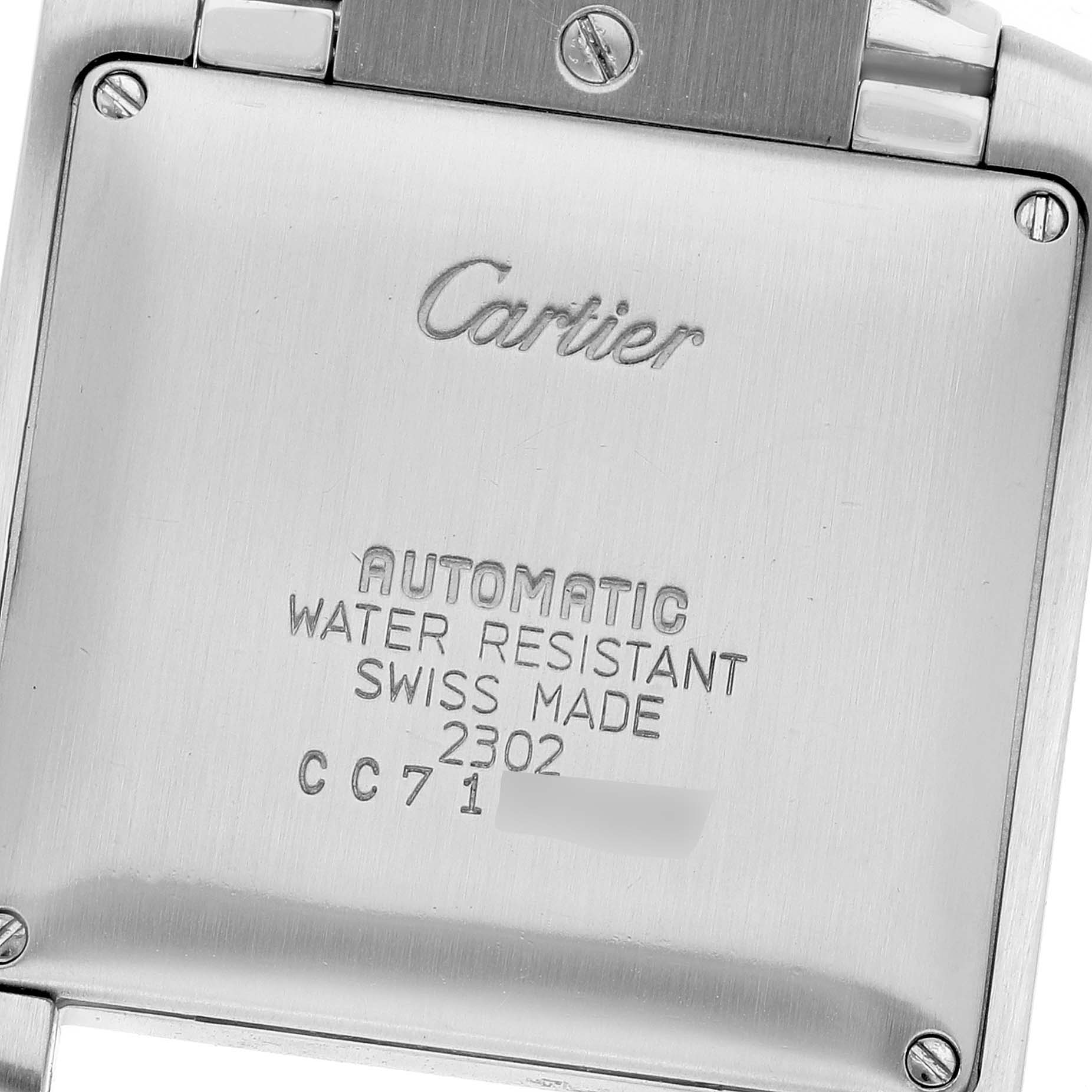 The image shows the back case of the Cartier Tank Francaise W51002Q3 Men
s Stainless Steel Silver Dial W51002Q3 Men
s Stainless Steel Silver Dial watch, displaying the brand name and specifications.