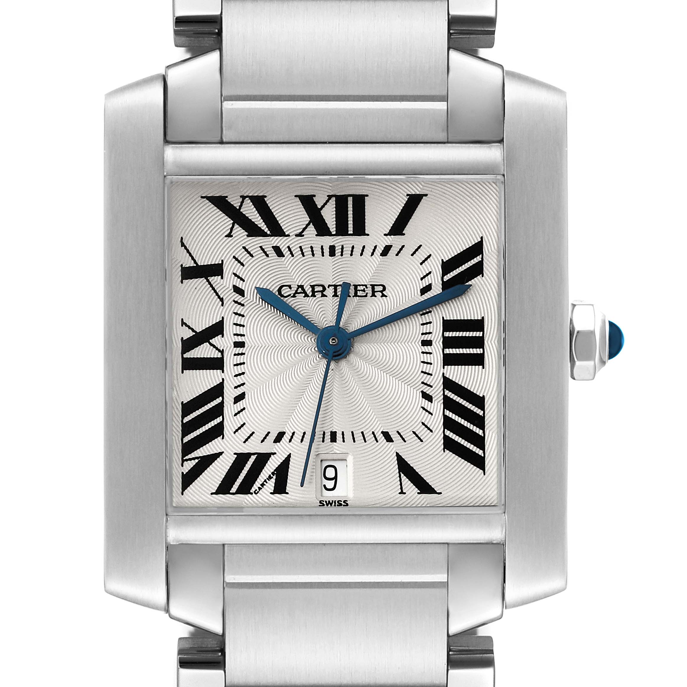 The image shows a close-up, front view of the Cartier Tank Française watch face, emphasizing the dial, Roman numerals, and date window.