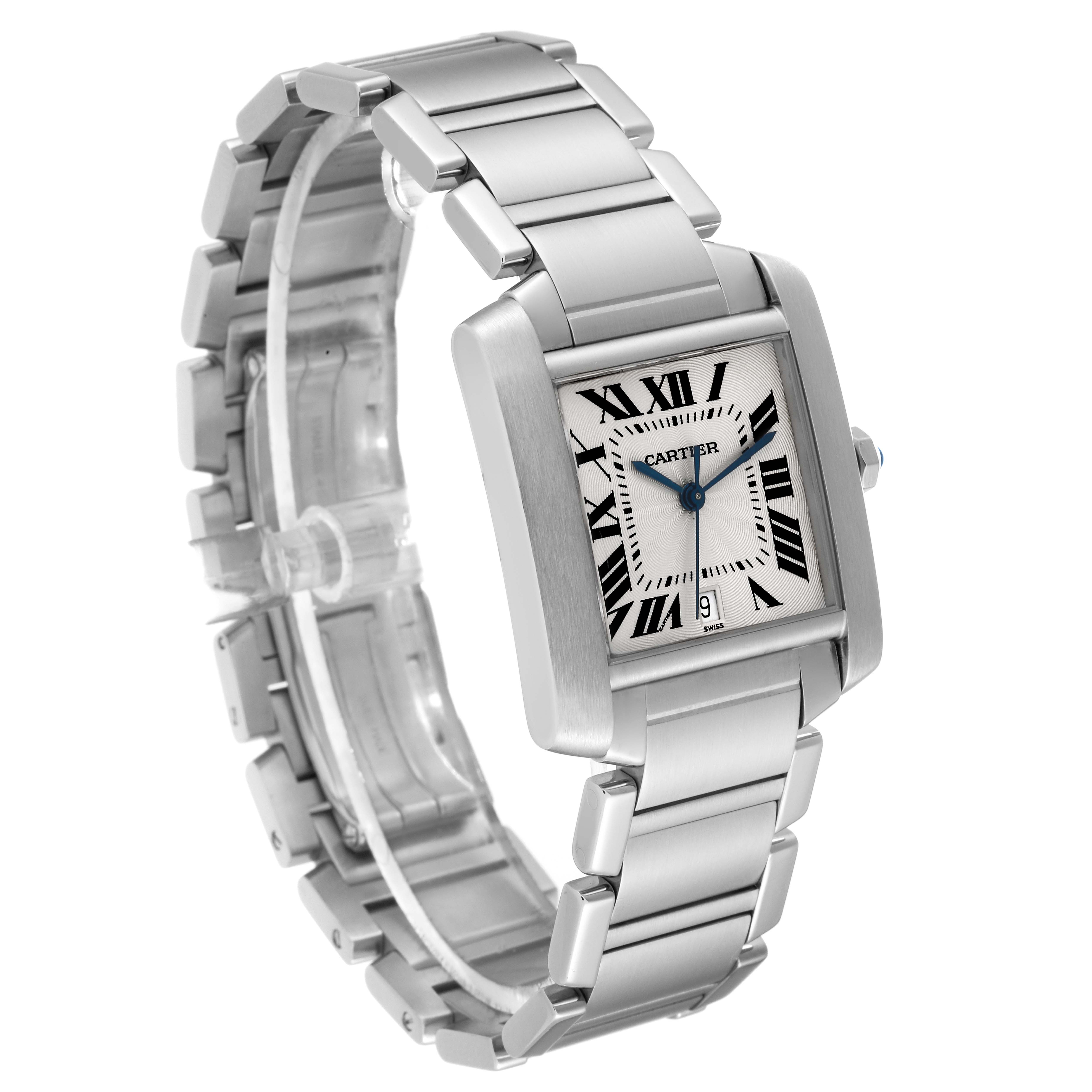 The image shows a Cartier Tank Francaise W51002Q3 Men
s Stainless Steel Silver Dial W51002Q3 Men
s Stainless Steel Silver Dial watch at a slight angle, highlighting its face, bracelet, and dial details.