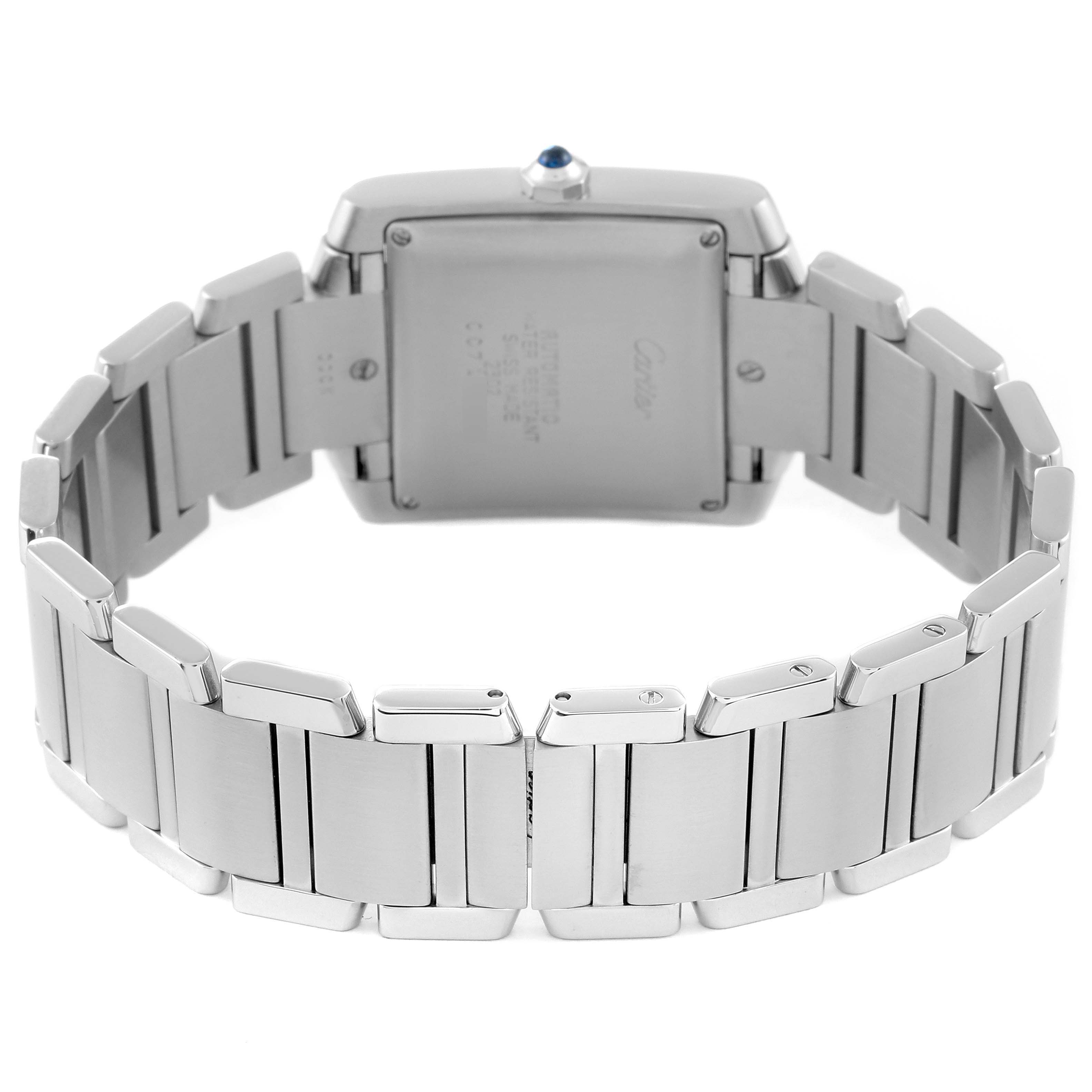 The Cartier Tank Francaise W51002Q3 Men
s Stainless Steel Silver Dial W51002Q3 Men
s Stainless Steel Silver Dial watch is shown from the back, displaying its square case and bracelet.