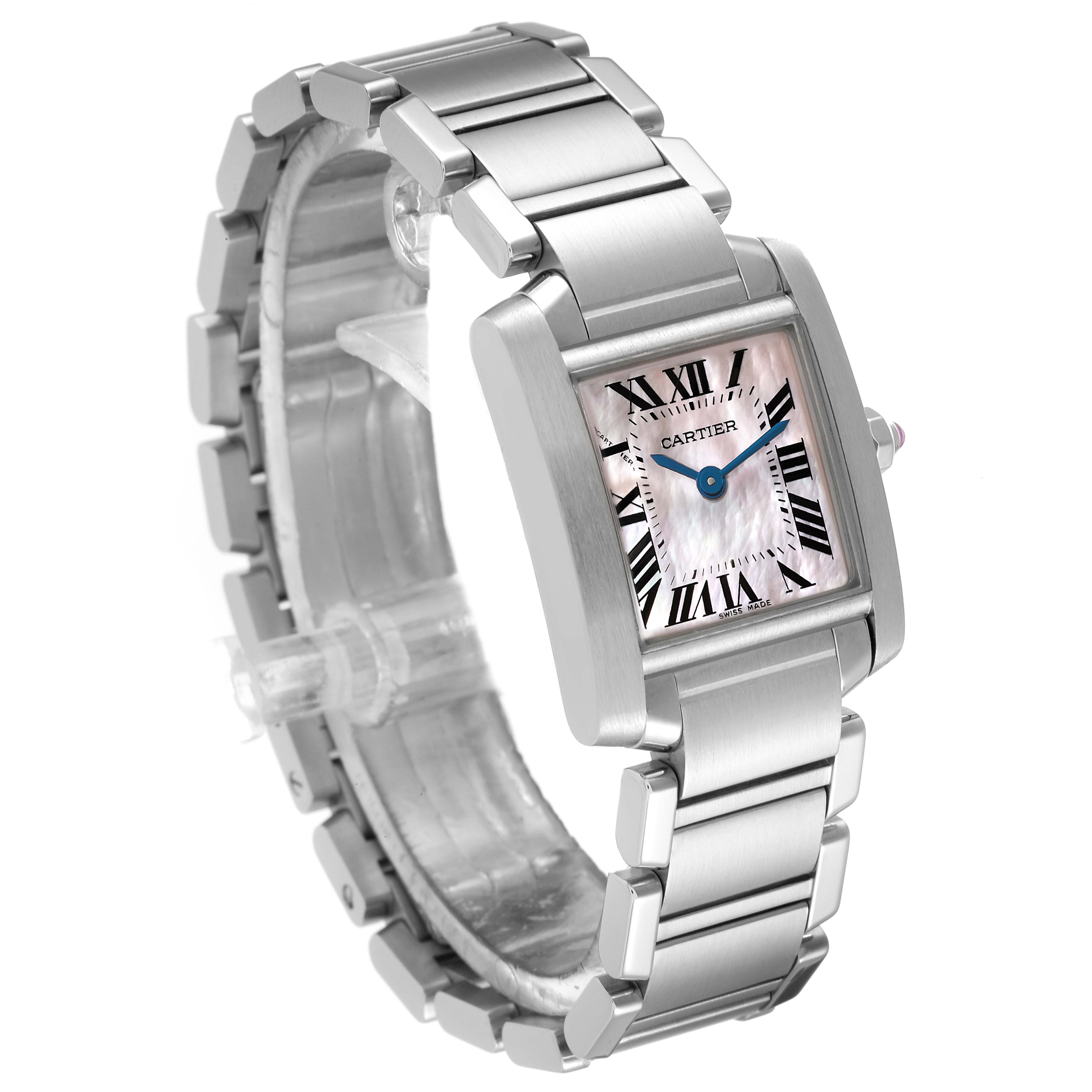 The Cartier Tank Francaise W51028Q3 Women's Stainless Steel Mother of Pearl Dial W51028Q3 Women's Stainless Steel Mother of Pearl Dial watch is shown in a three-quarter view, highlighting the metal bracelet, rectangular case, and dial with Roman numerals.