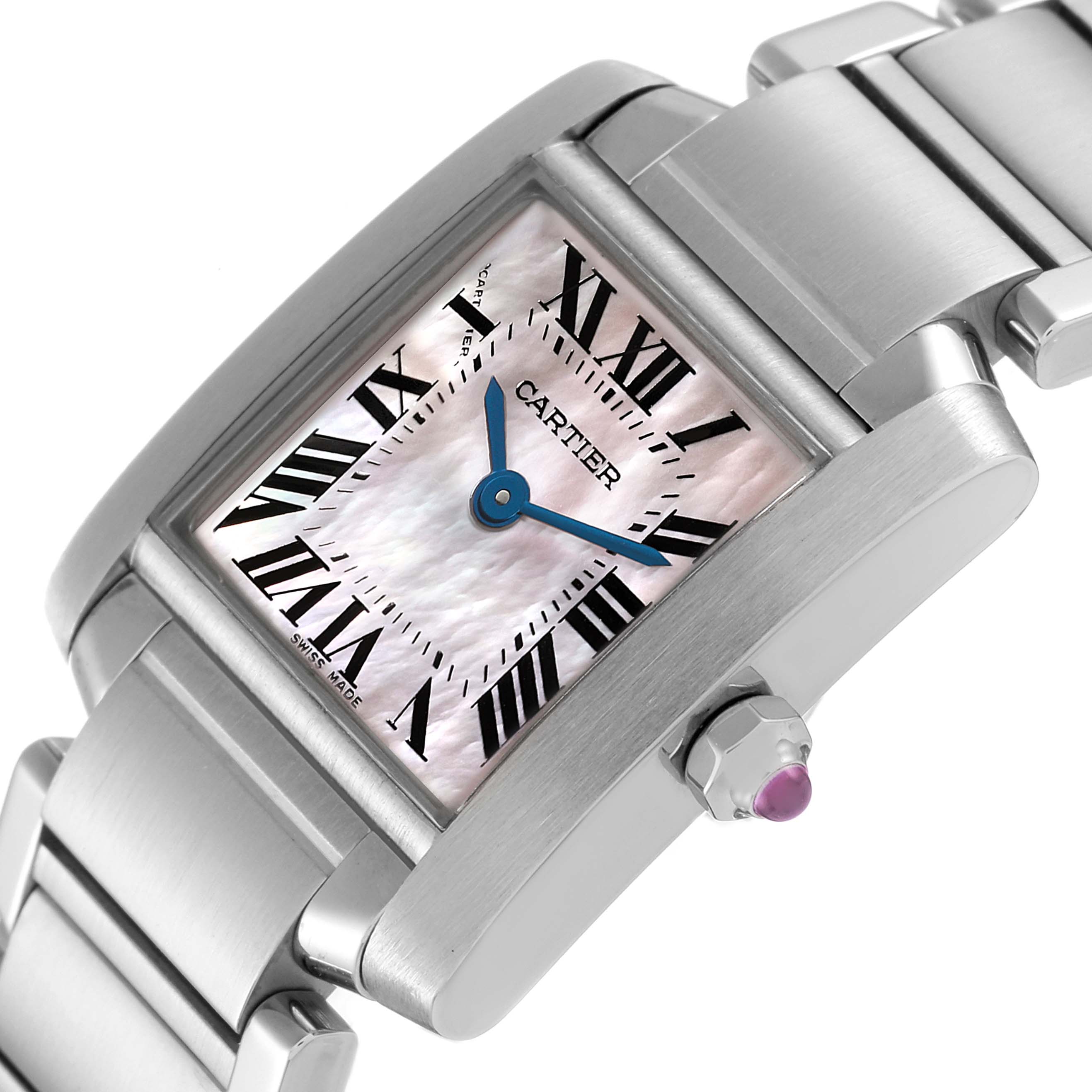The image shows a close-up angle of the Cartier Tank Francaise W51028Q3 Women's Stainless Steel Mother of Pearl Dial W51028Q3 Women's Stainless Steel Mother of Pearl Dial watch, highlighting the dial, crown, and part of the bracelet.