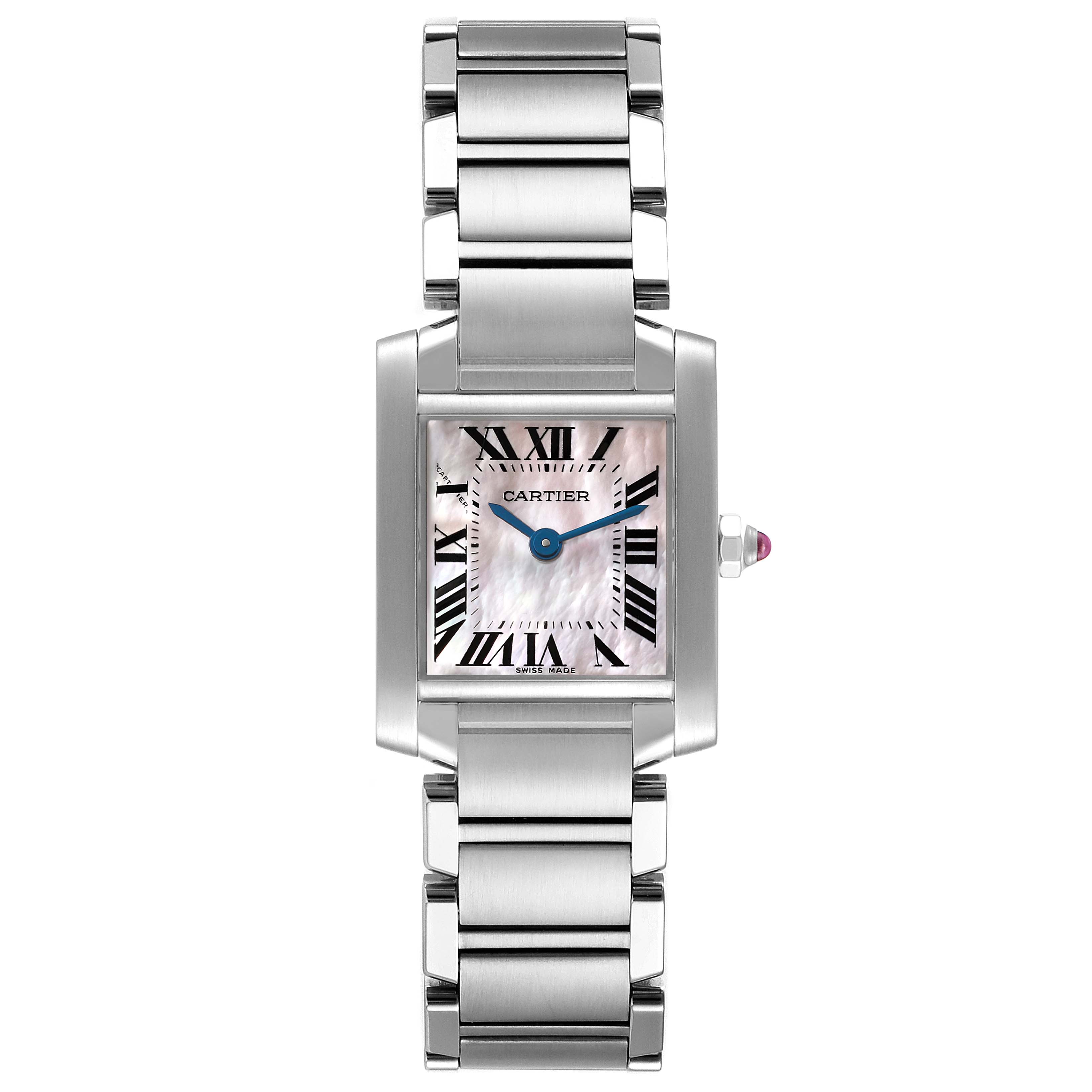 This image shows a Cartier Tank Francaise W51028Q3 Women's Stainless Steel Mother of Pearl Dial W51028Q3 Women's Stainless Steel Mother of Pearl Dial watch from a front angle, highlighting its bracelet, case, and dial with Roman numerals.