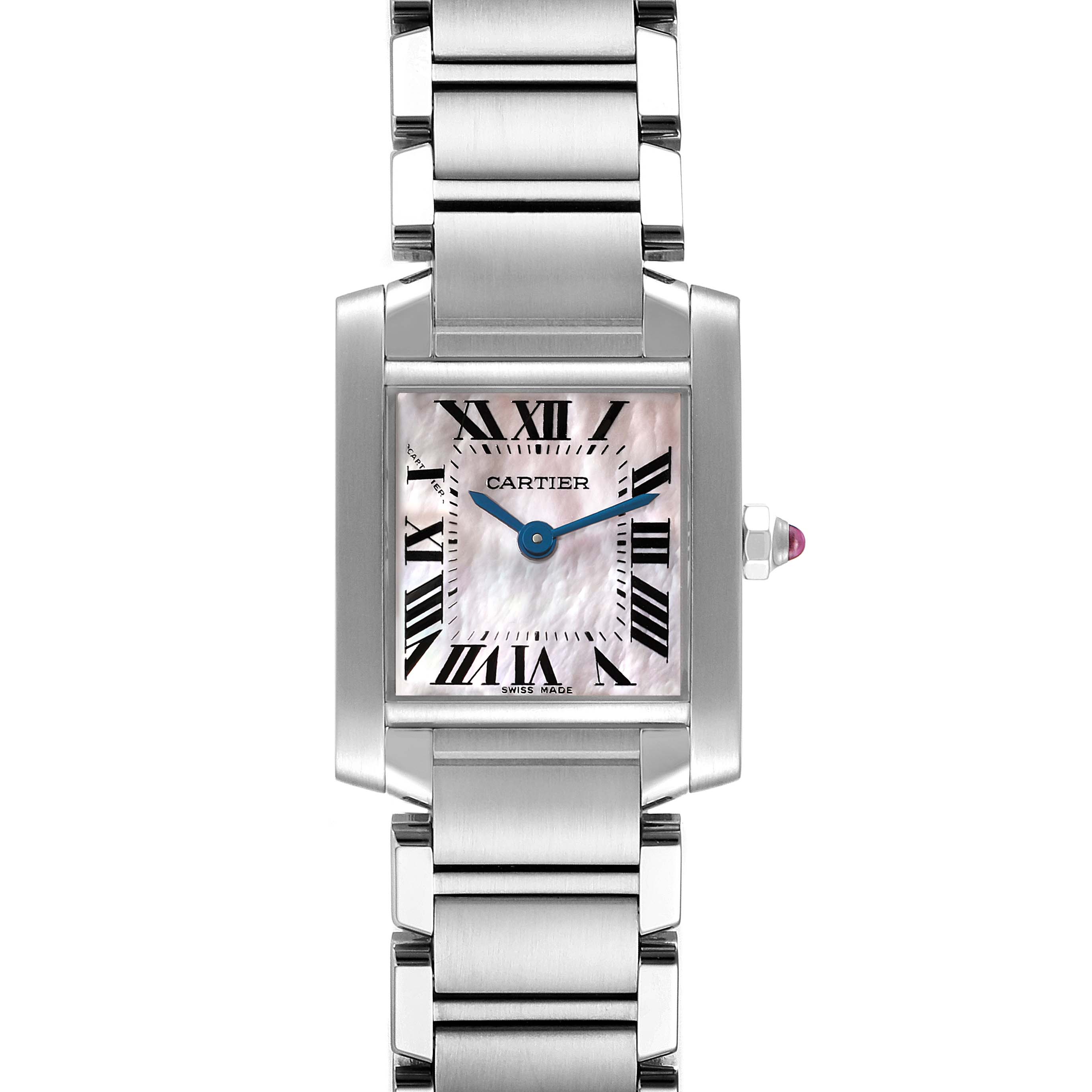 The image shows a front view of the Cartier Tank Francaise W51028Q3 Women's Stainless Steel Mother of Pearl Dial W51028Q3 Women's Stainless Steel Mother of Pearl Dial watch, displaying its rectangular face and metallic bracelet.