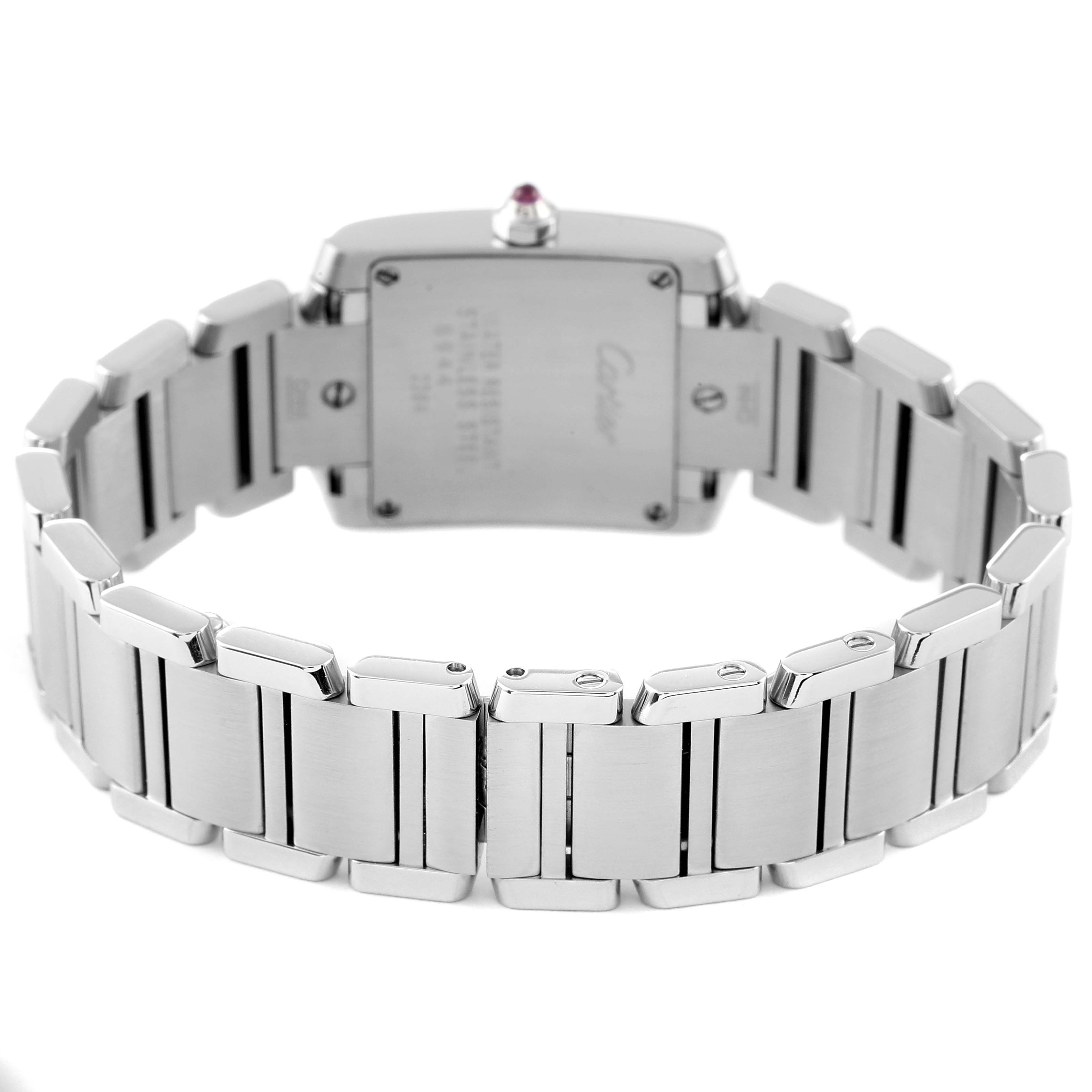 The image shows the back and strap of a Cartier Tank Francaise W51028Q3 Women's Stainless Steel Mother of Pearl Dial W51028Q3 Women's Stainless Steel Mother of Pearl Dial watch, highlighting its metal links and case back.