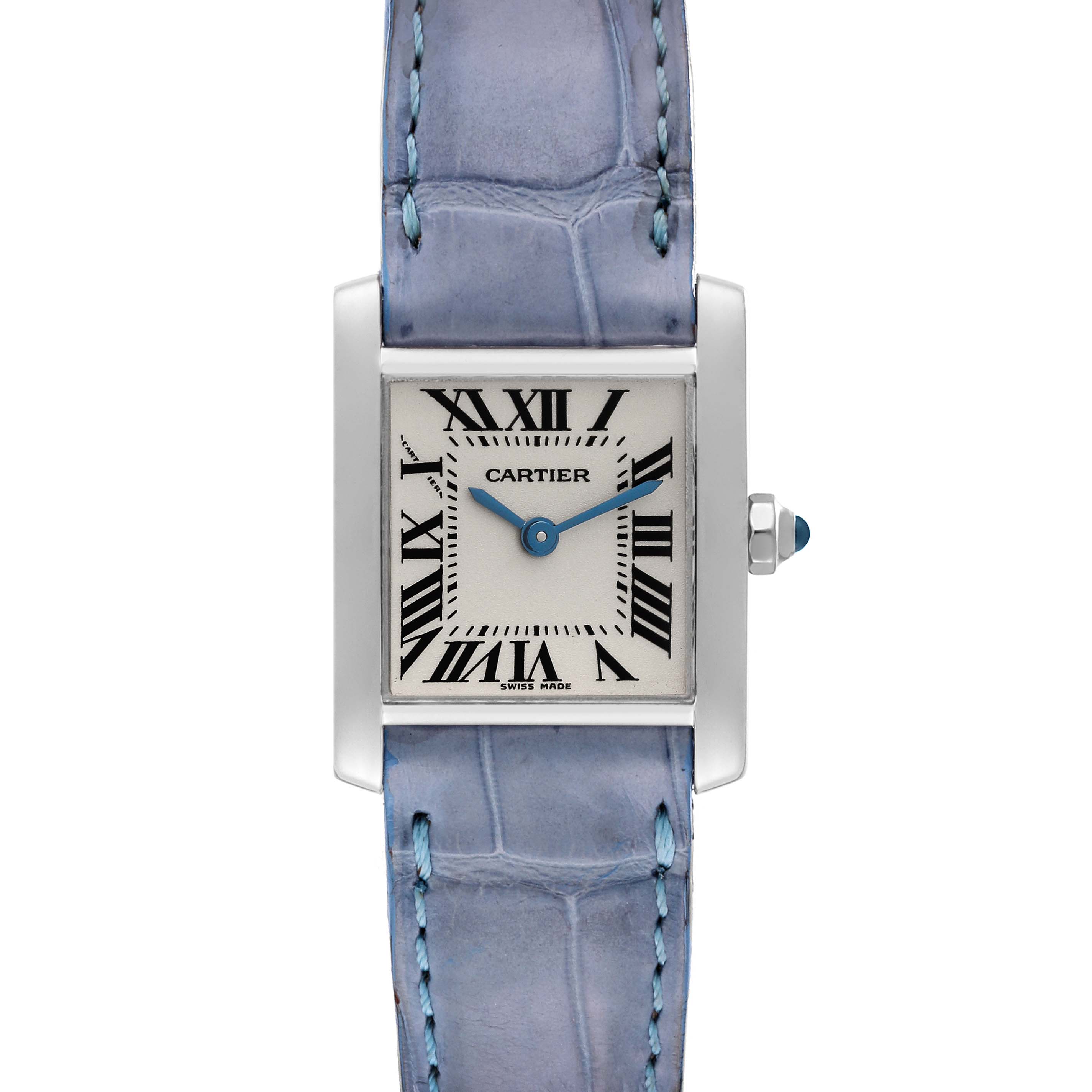 The Cartier Tank Française watch is shown from a front angle, highlighting its square dial and blue strap.
