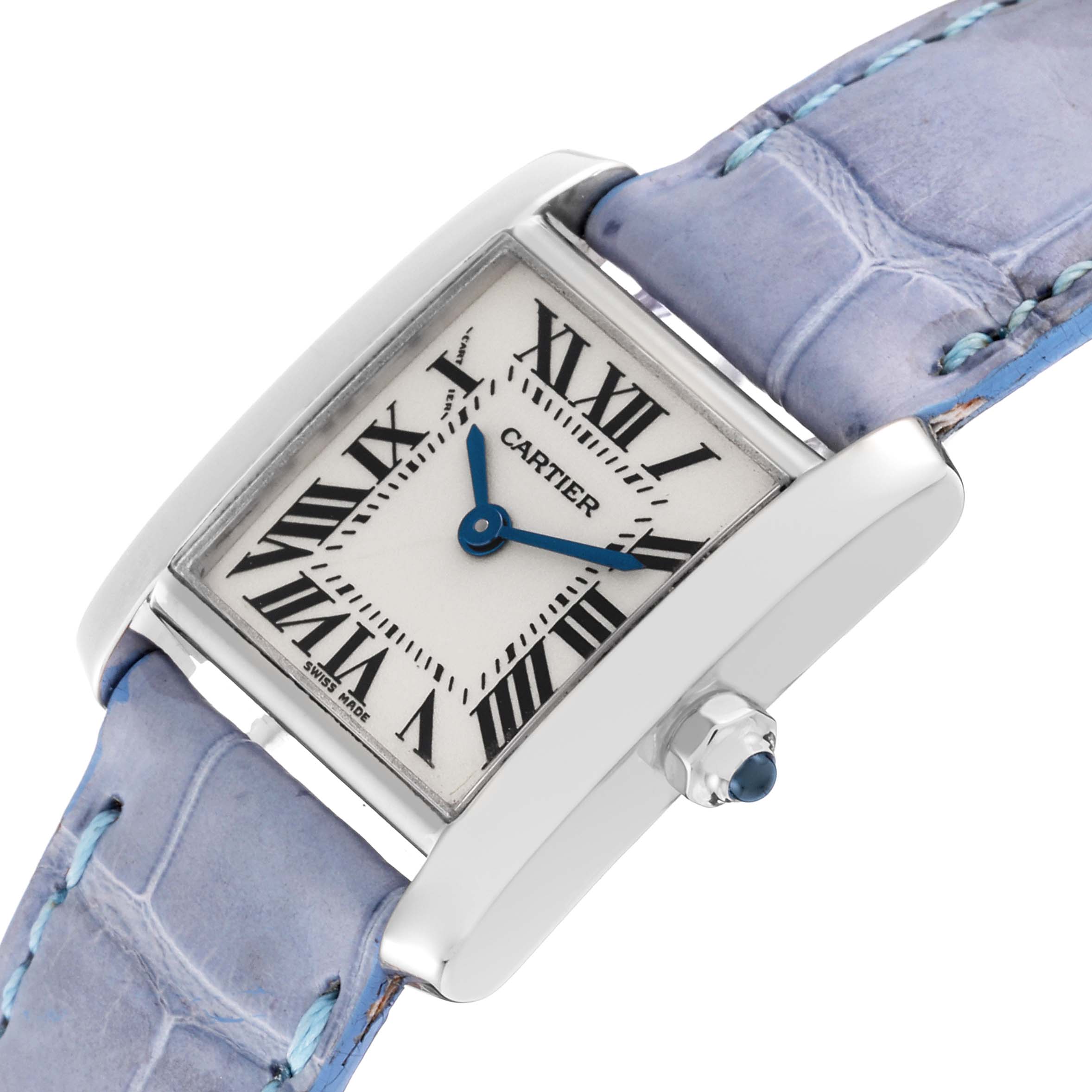 This image shows a close-up of the Cartier Tank Française watch with a blue leather strap and Roman numeral dial.