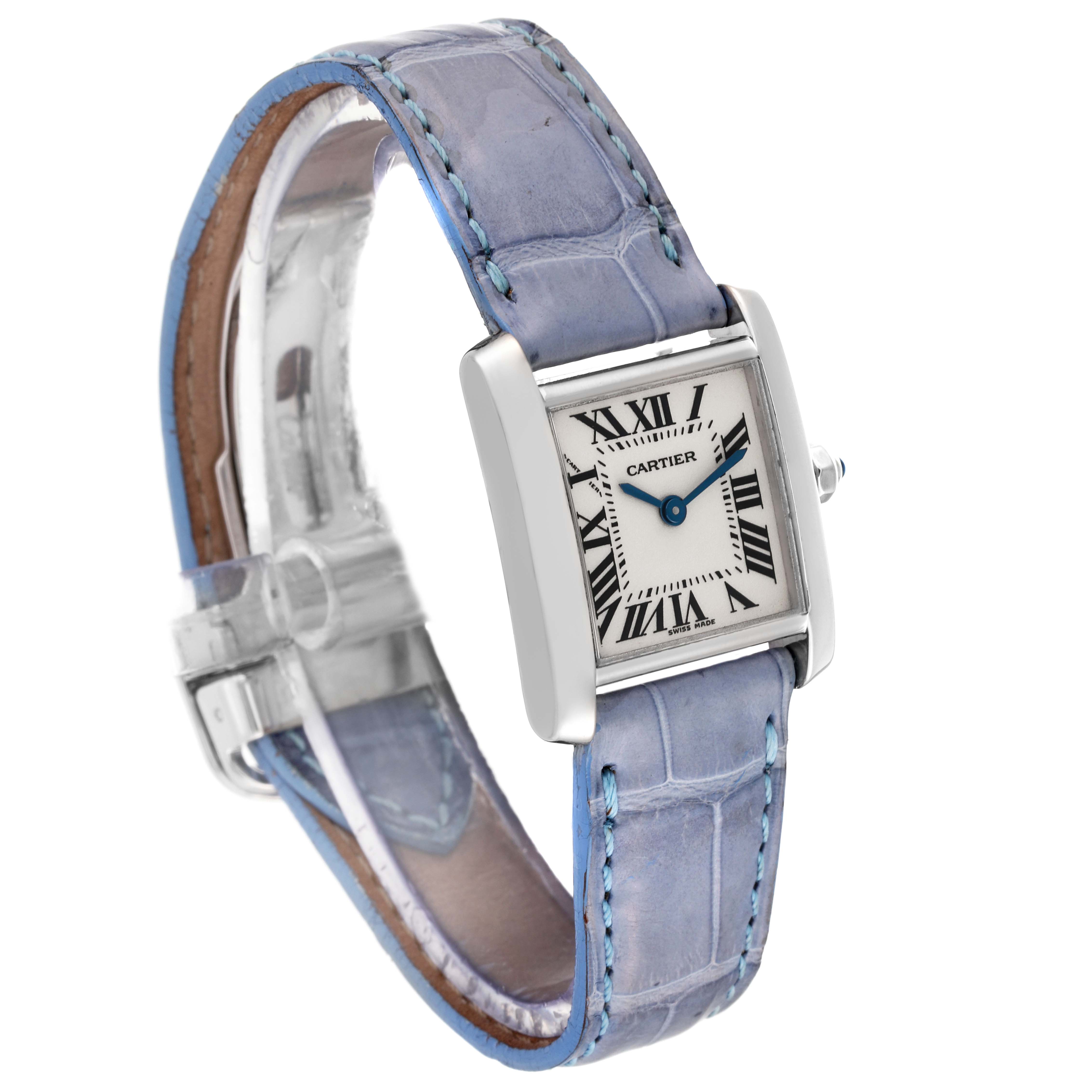 The image shows a Cartier Tank Française watch with a blue leather strap, viewed at a slight angle from the front and right side.