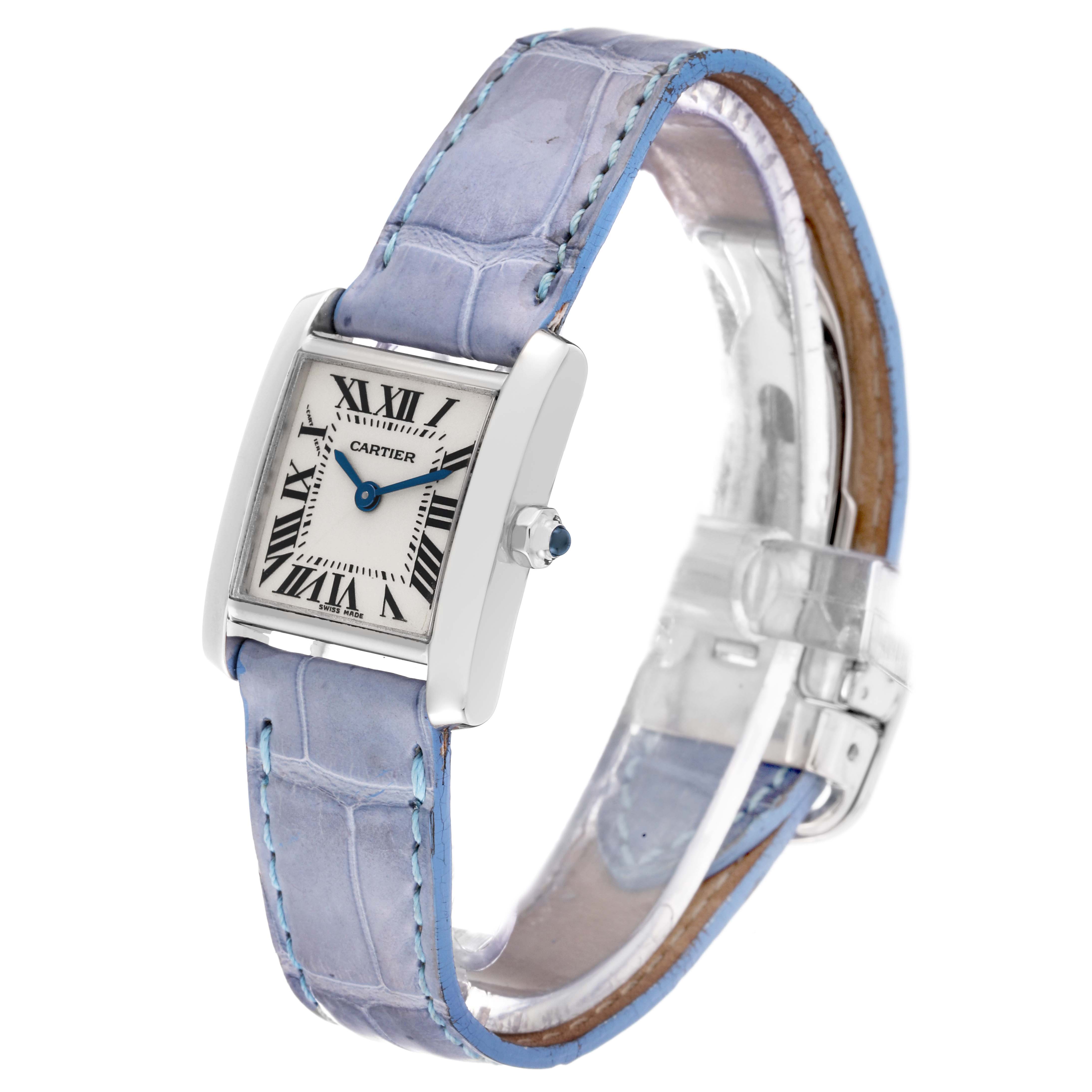 The Cartier Tank Française watch is shown at a 3/4 angle displaying the face, strap, and clasp.