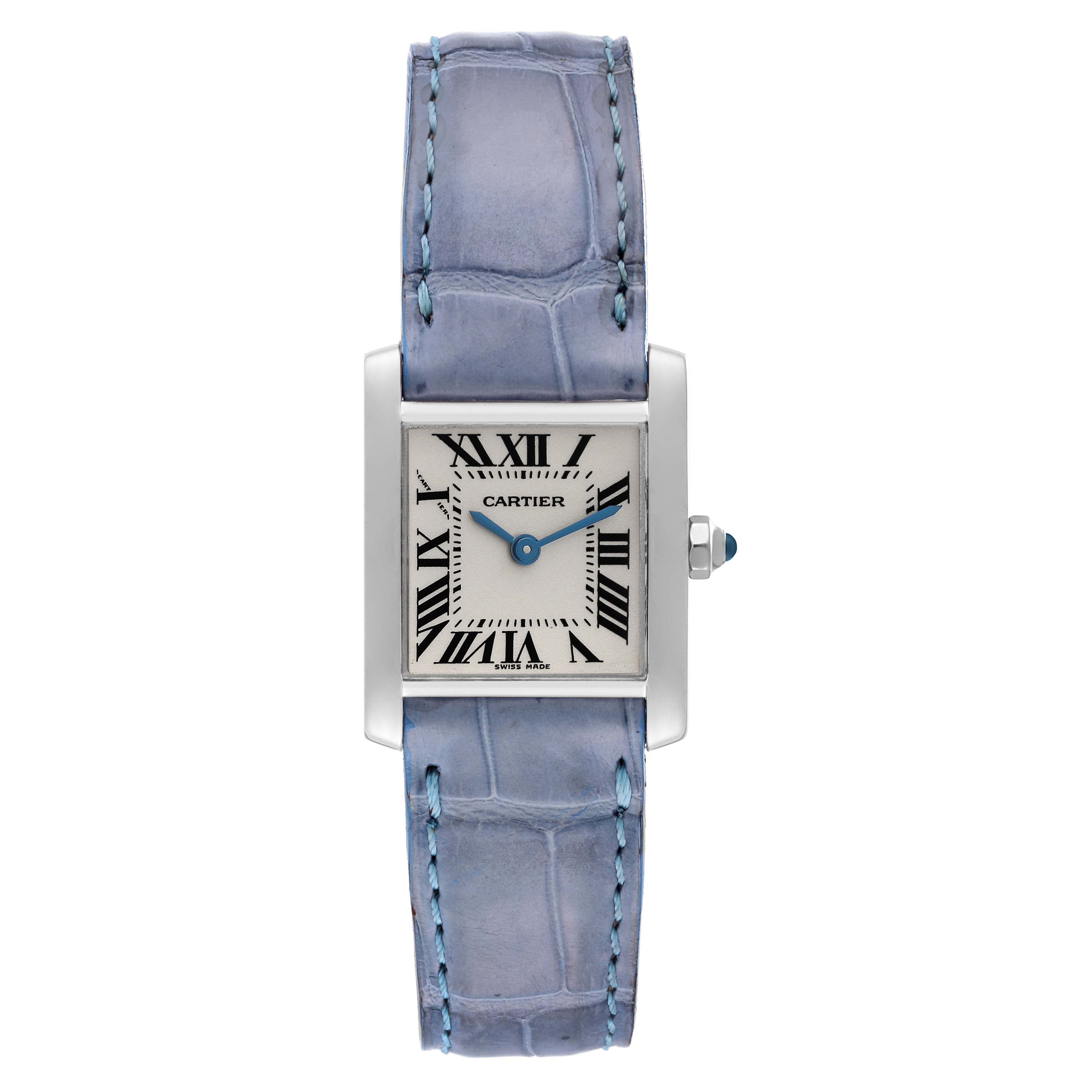 The image shows a Cartier Tank Francaise W5001256 Women
s White Gold Silver Dial W5001256 Women
s White Gold Silver Dial watch from the front, displaying its face, case, and blue leather strap.