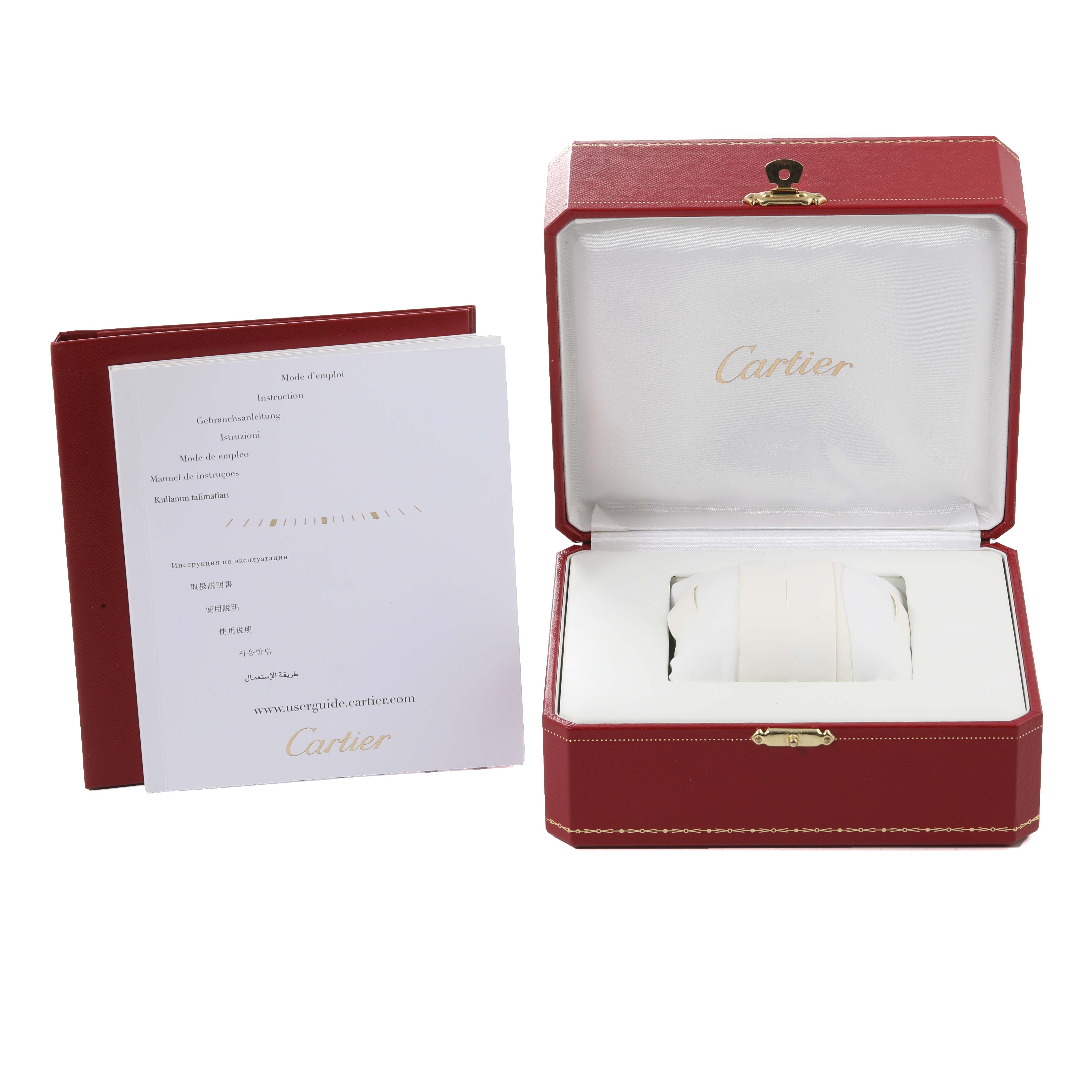 The image shows a Cartier Tank Francaise W5001256 Women
s White Gold Silver Dial W5001256 Women
s White Gold Silver Dial watch box, an empty watch pillow, and the instruction manual.