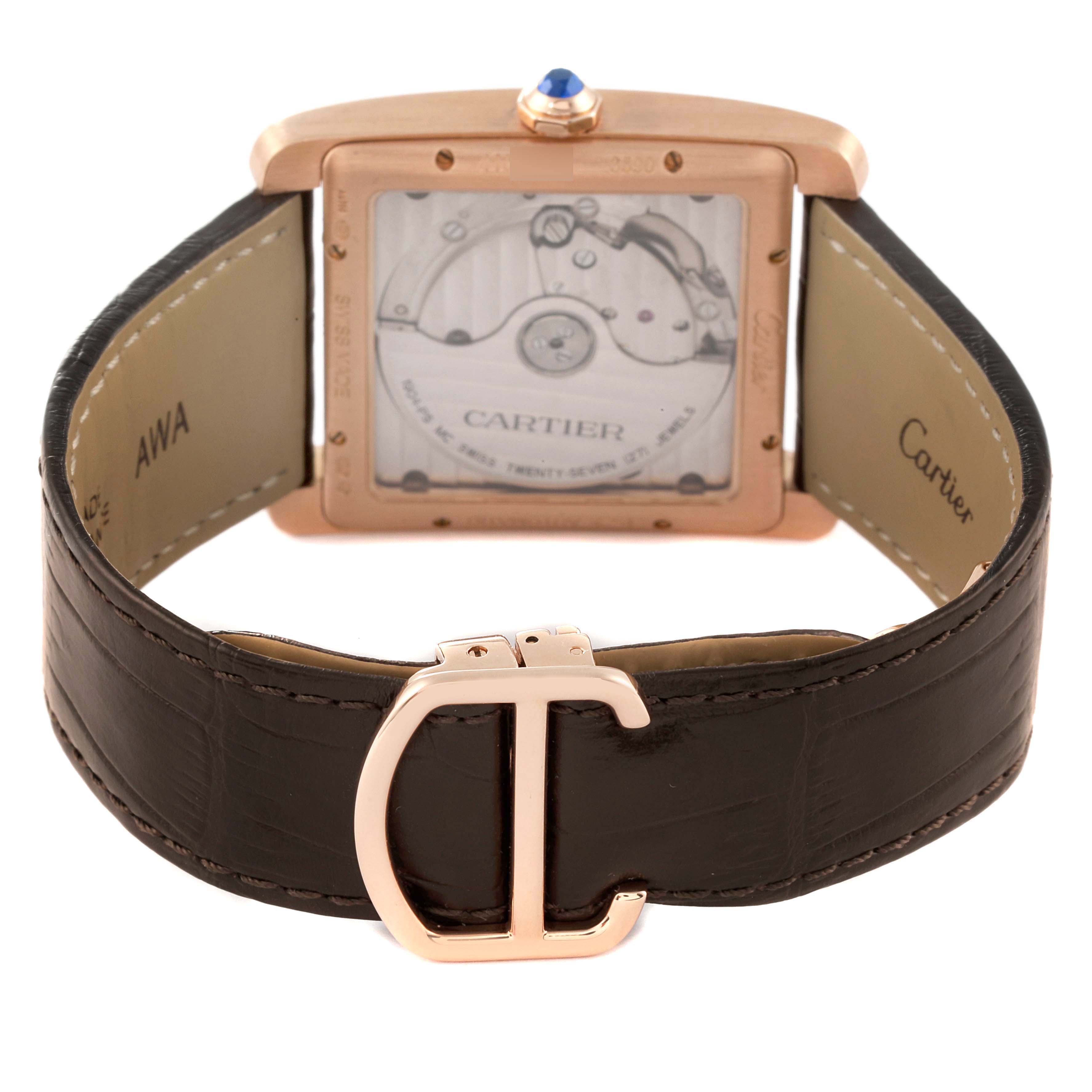 The image shows the back view of the Cartier Tank MC W5330002 Men's Rose Gold Brown Dial W5330002 Men's Rose Gold Brown Dial watch, displaying the mechanical movement and leather strap with a Cartier clasp.