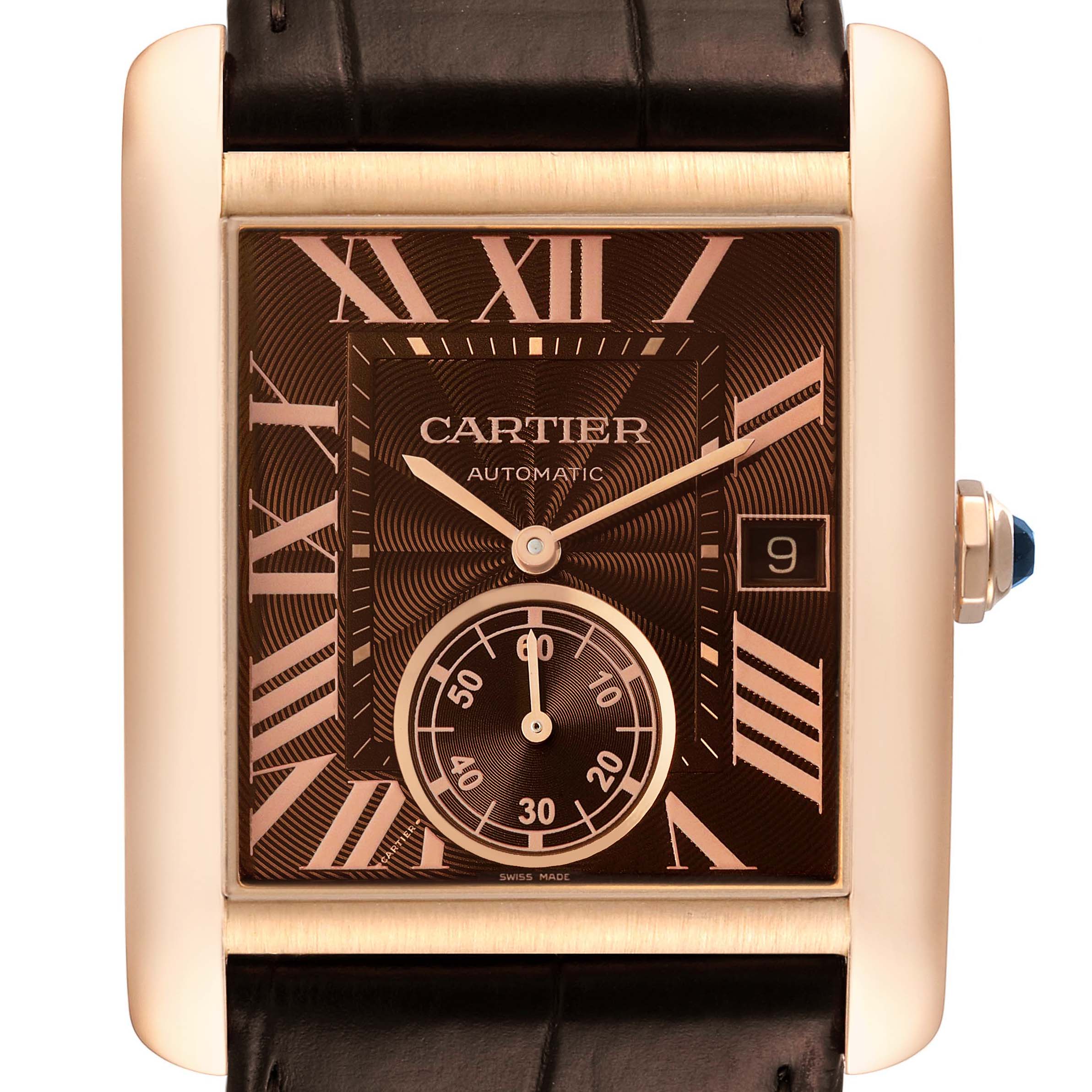 Cartier Tank MC Rose Gold Brown Dial Brown Strap Mens Watch