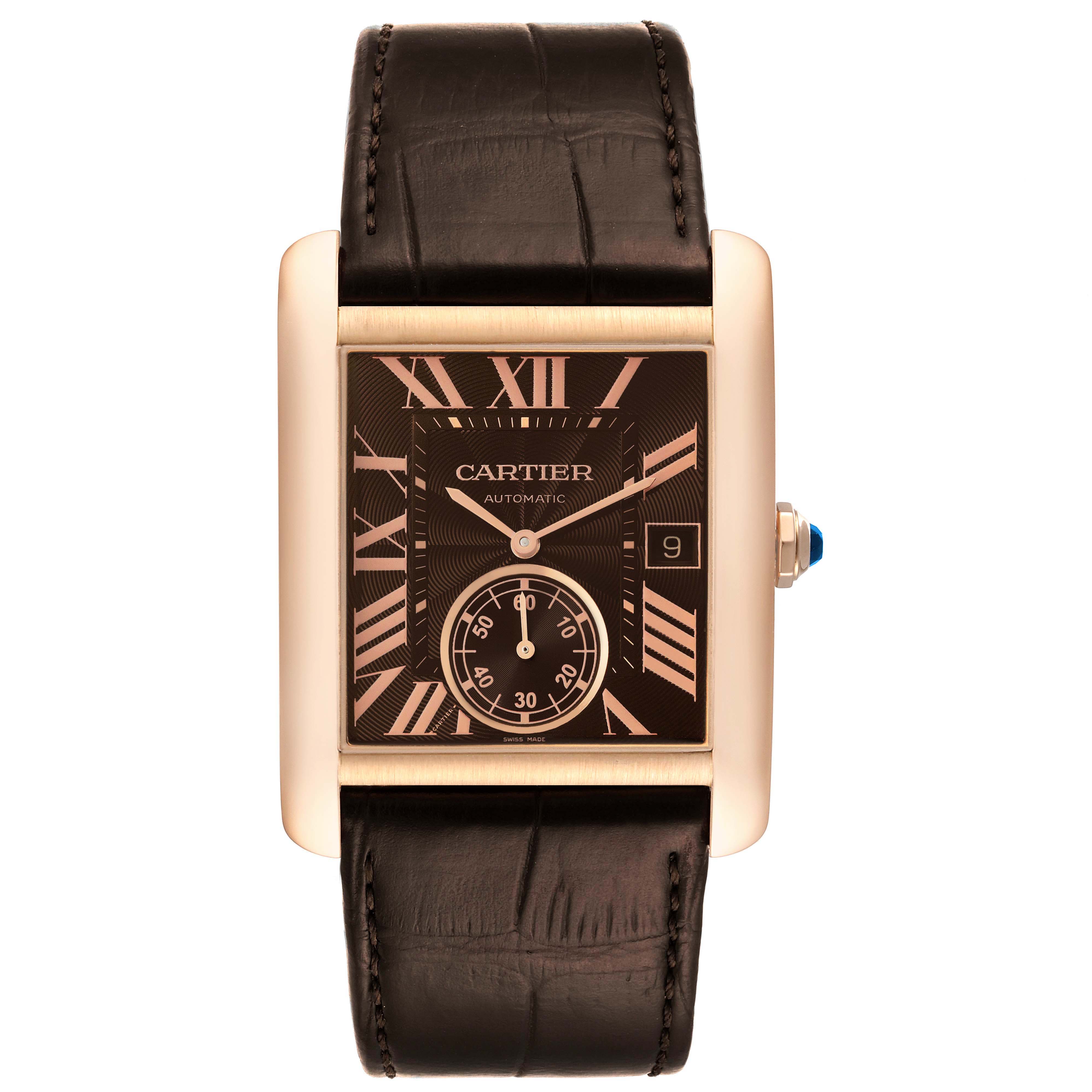 The Cartier Tank MC W5330002 Men's Rose Gold Brown Dial W5330002 Men's Rose Gold Brown Dial watch is shown from the front, displaying its rectangular face, crown, and leather strap.