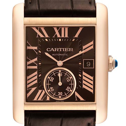 The Cartier Tank MC watch is shown from a front angle, featuring its dial, hands, date window, and crown.