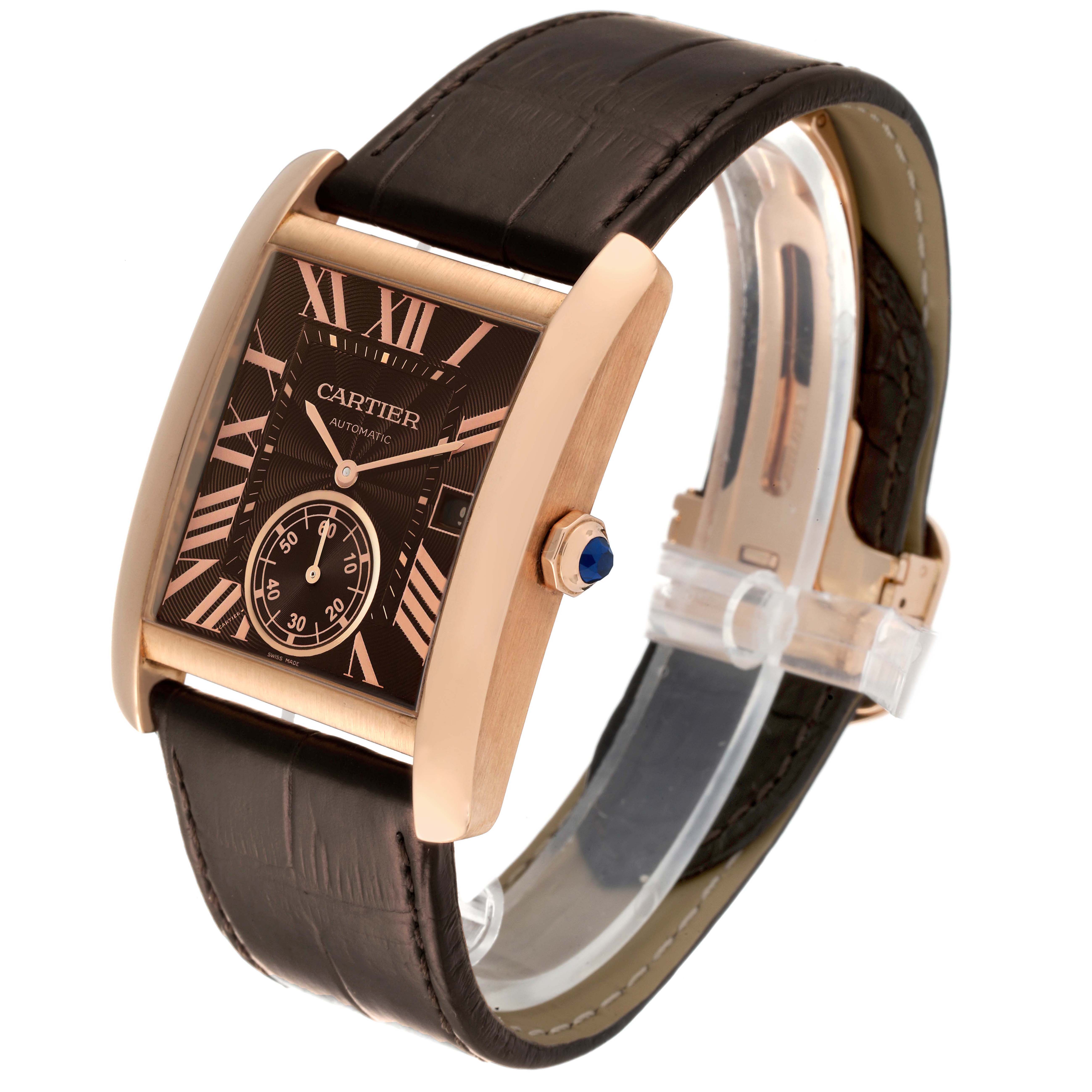 The Cartier Tank MC W5330002 Men's Rose Gold Brown Dial W5330002 Men's Rose Gold Brown Dial watch is shown at a three-quarter angle, displaying the face, crown, and part of the leather strap.